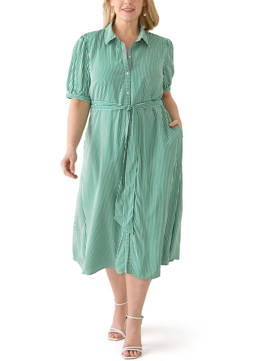 Plus Size Short Sleeve Yarn Dyed Belted Shirtdress