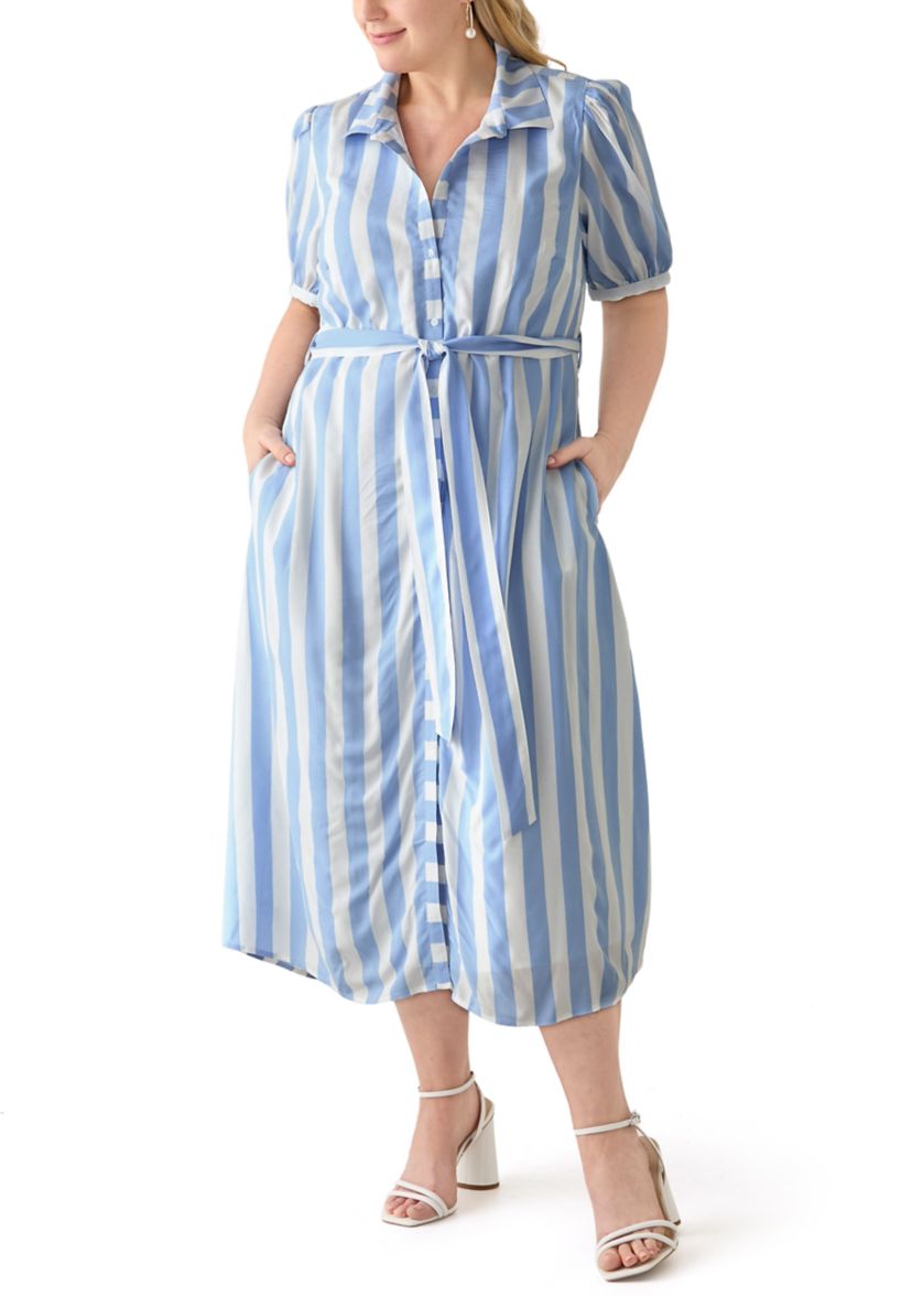 Plus Size Short Sleeve Yarn Dyed Belted Shirtdress