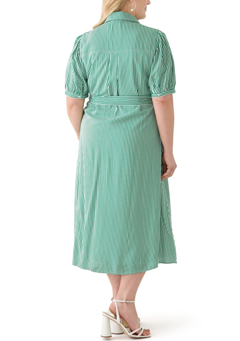 Plus Size Short Sleeve Yarn Dyed Belted Shirtdress