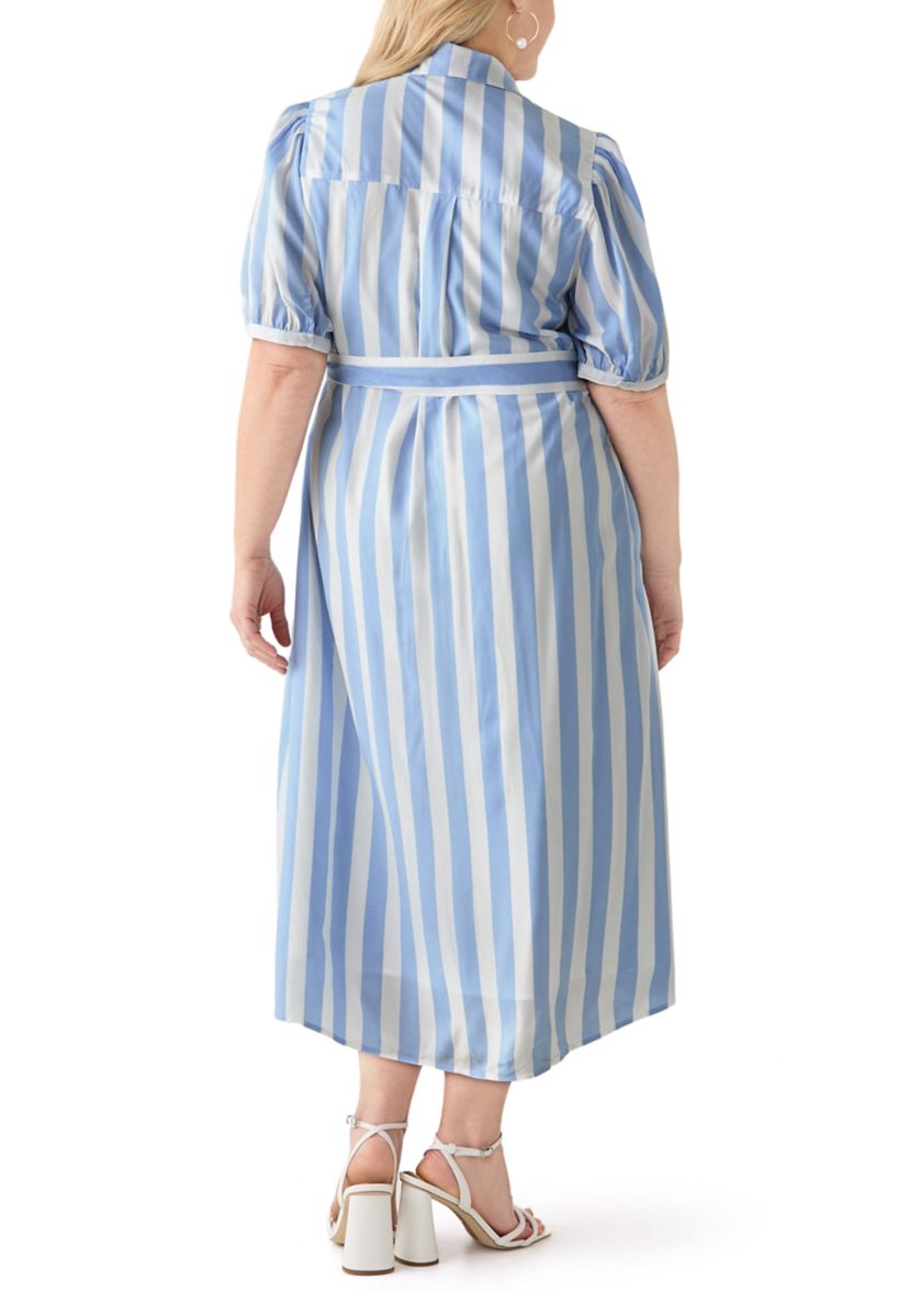 Plus Size Short Sleeve Yarn Dyed Belted Shirtdress