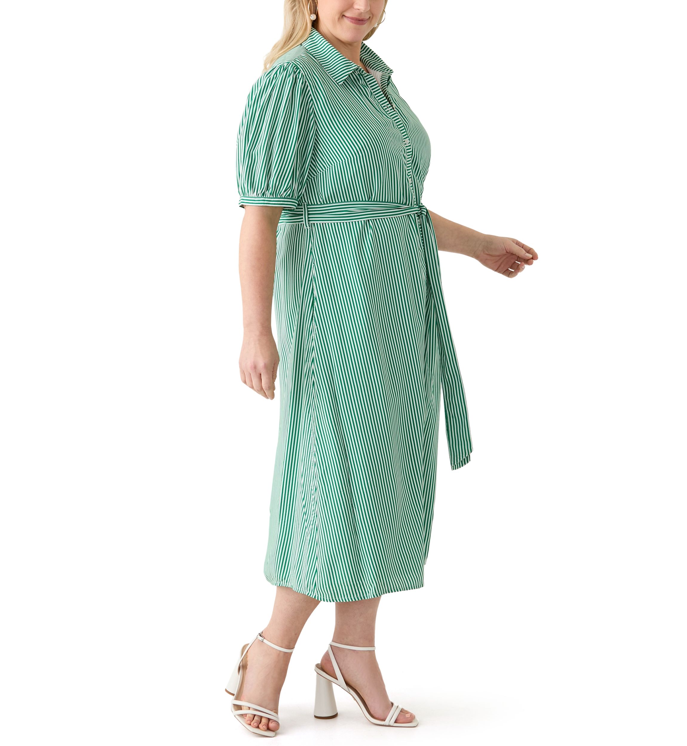 Plus Size Short Sleeve Yarn Dyed Belted Shirtdress