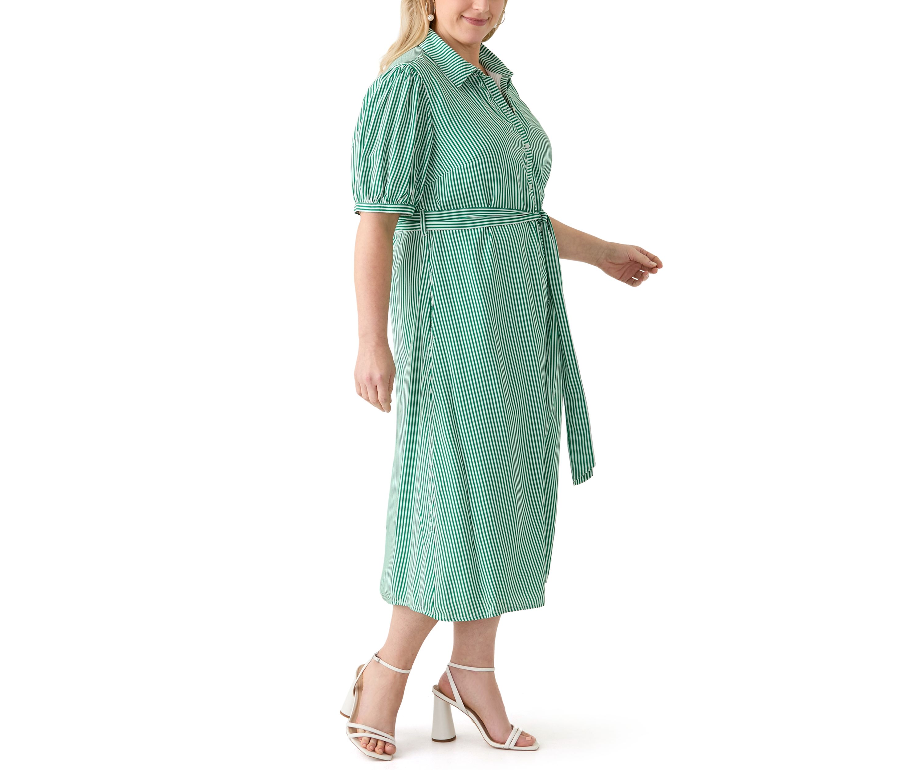 Plus Size Short Sleeve Yarn Dyed Belted Shirtdress