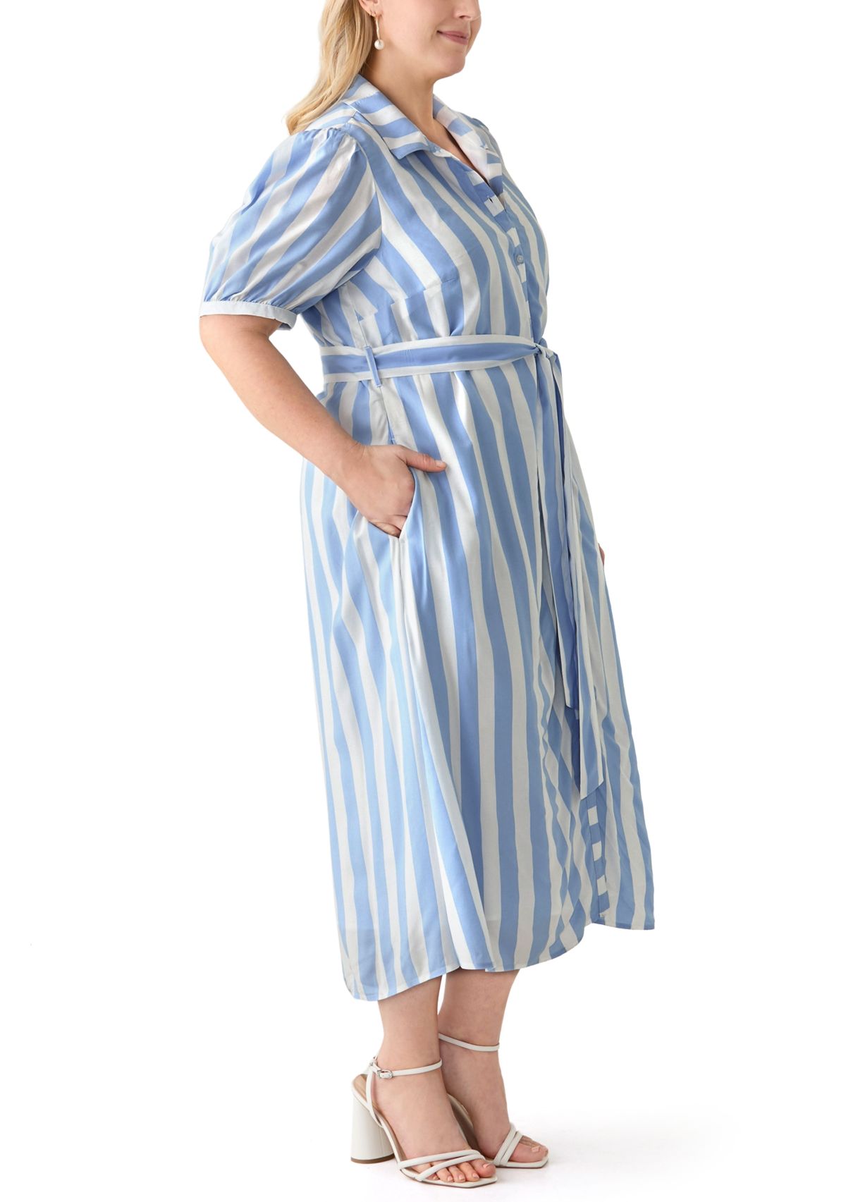 Plus Size Short Sleeve Yarn Dyed Belted Shirtdress