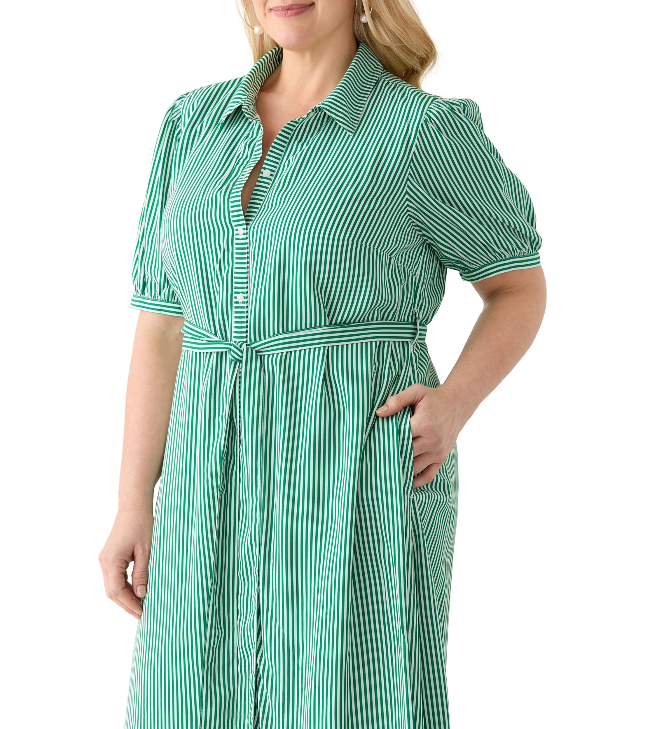 Plus Size Short Sleeve Yarn Dyed Belted Shirtdress