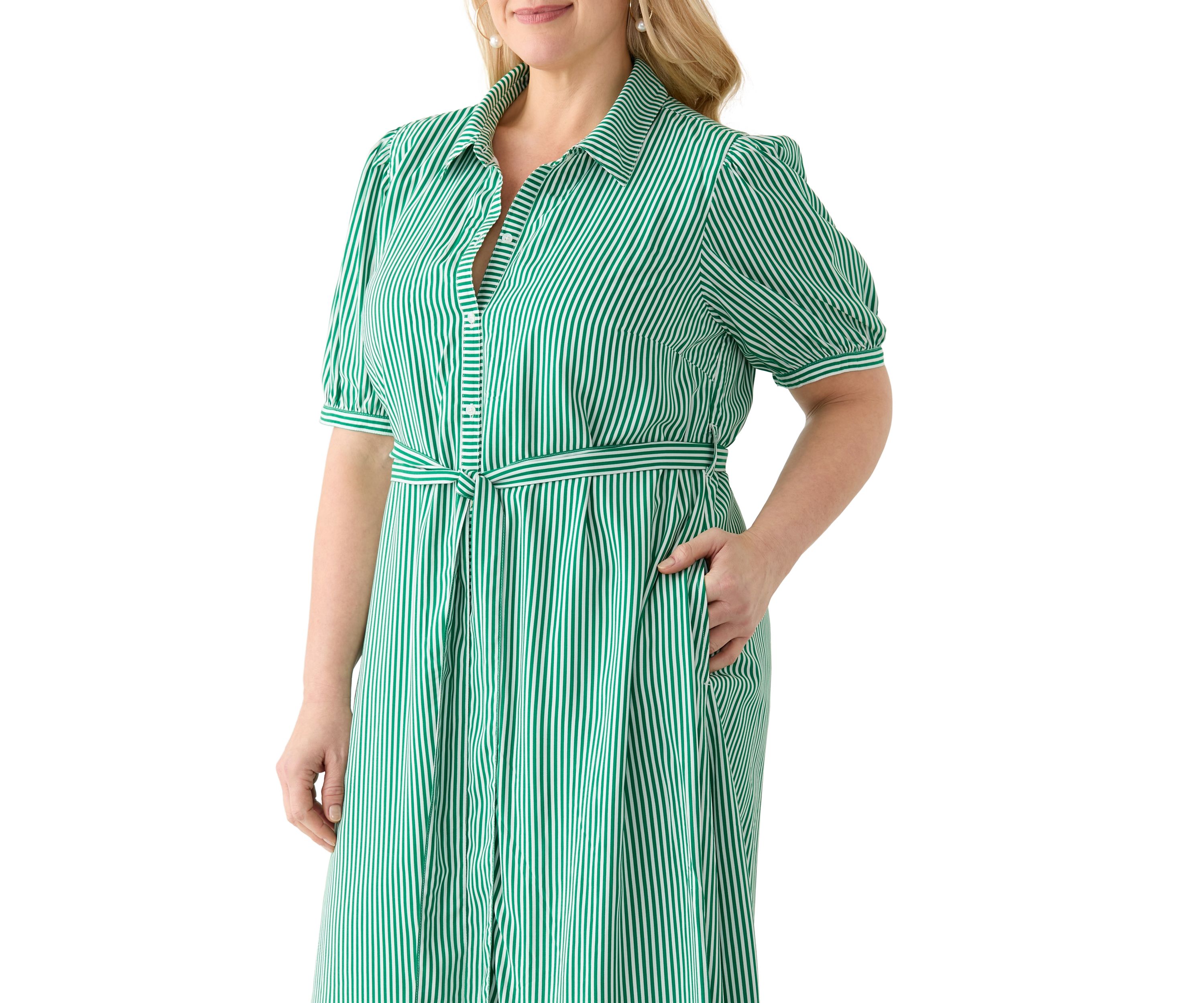Plus Size Short Sleeve Yarn Dyed Belted Shirtdress