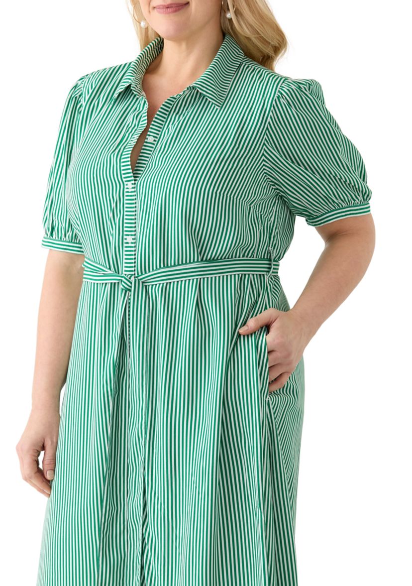 Plus Size Short Sleeve Yarn Dyed Belted Shirtdress