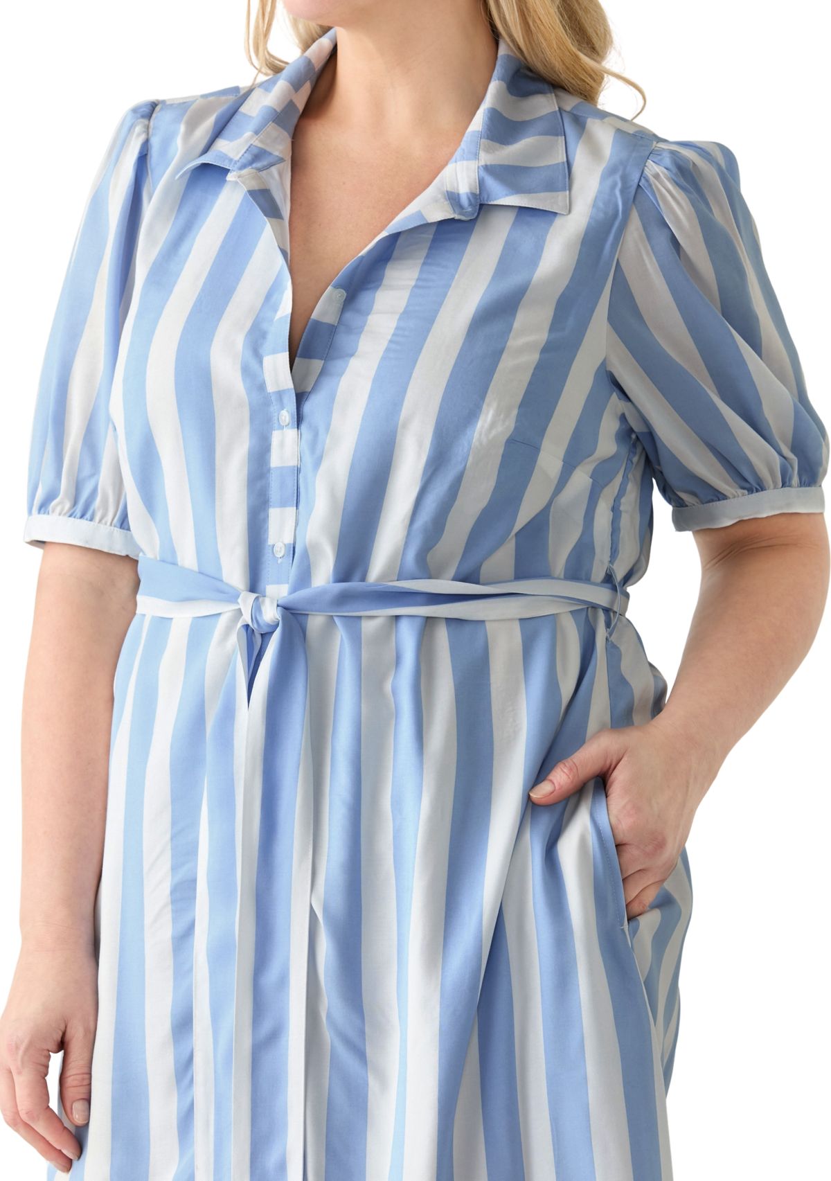 Plus Size Short Sleeve Yarn Dyed Belted Shirtdress