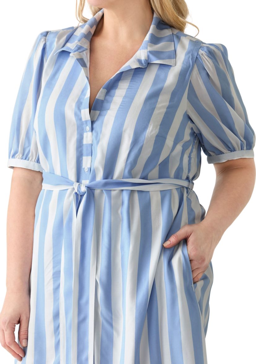 Plus Size Short Sleeve Yarn Dyed Belted Shirtdress
