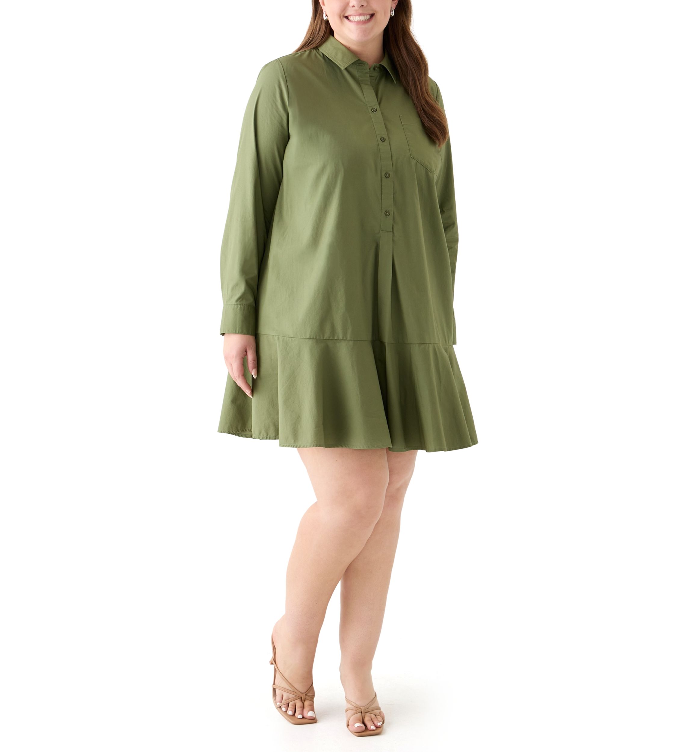 Plus Size Long Sleeve Collared Flounce Shirt Dress
