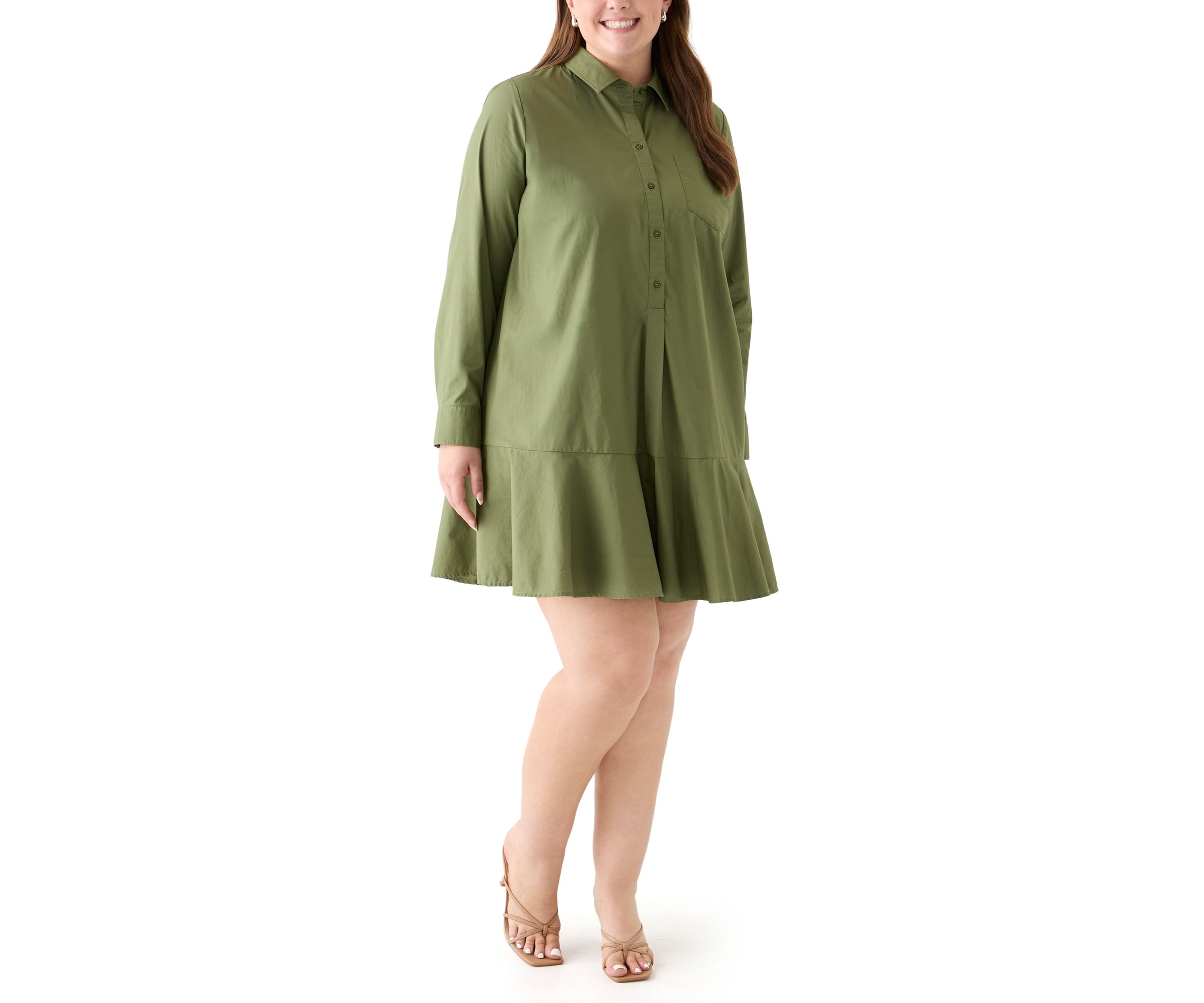 Plus Size Long Sleeve Collared Flounce Shirt Dress