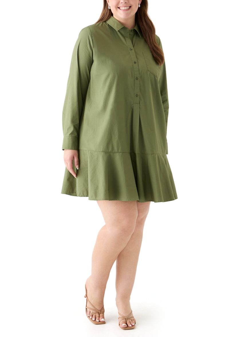 Plus Size Long Sleeve Collared Flounce Shirt Dress
