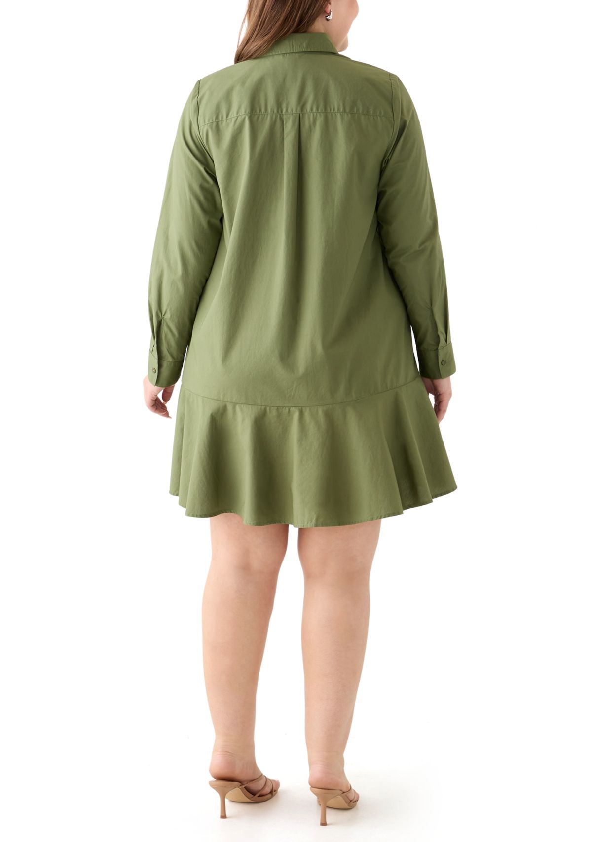 Plus Size Long Sleeve Collared Flounce Shirt Dress