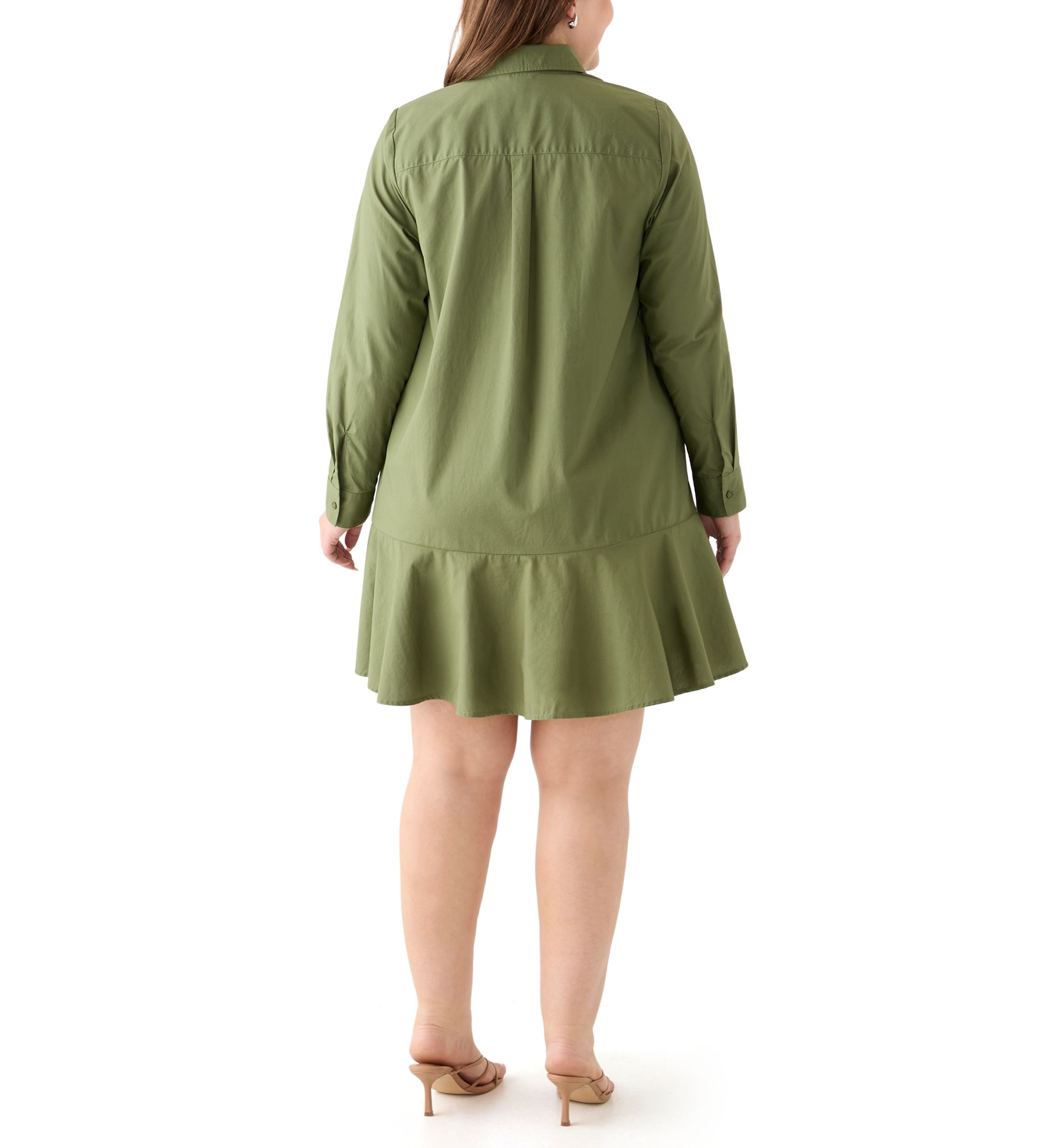 Plus Size Long Sleeve Collared Flounce Shirt Dress