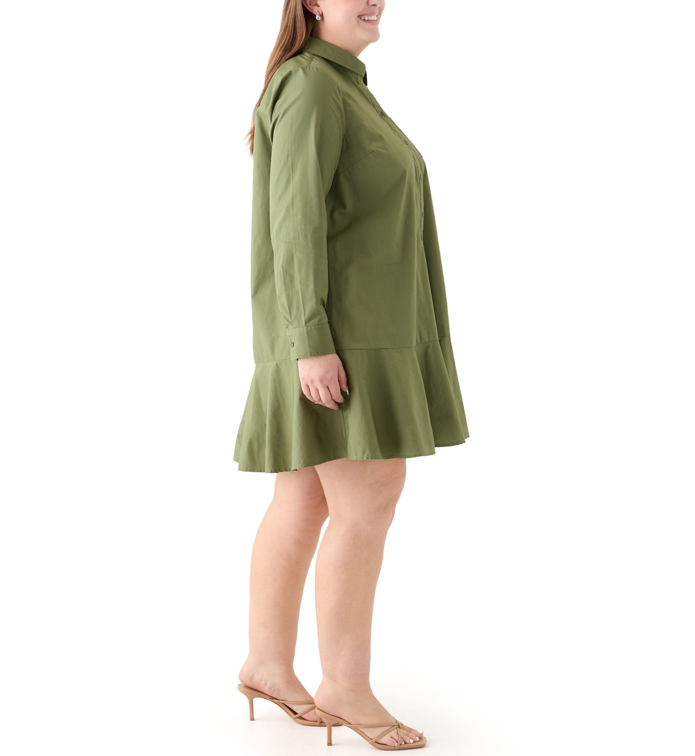Plus Size Long Sleeve Collared Flounce Shirt Dress