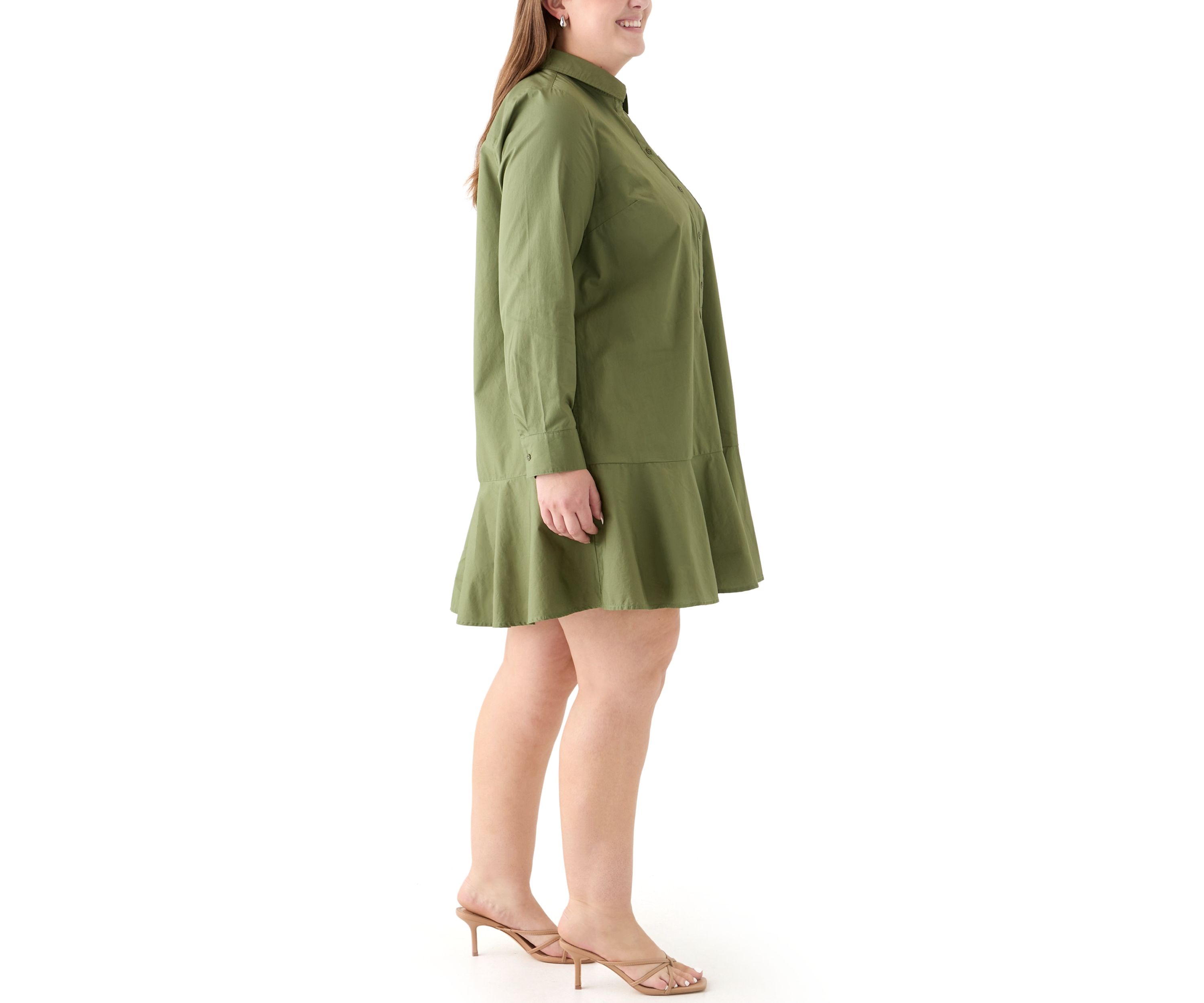 Plus Size Long Sleeve Collared Flounce Shirt Dress
