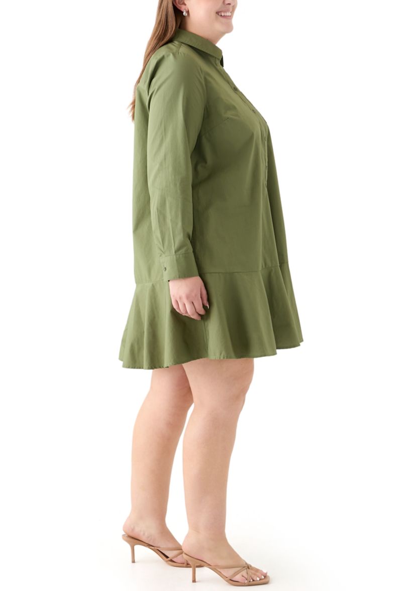 Plus Size Long Sleeve Collared Flounce Shirt Dress