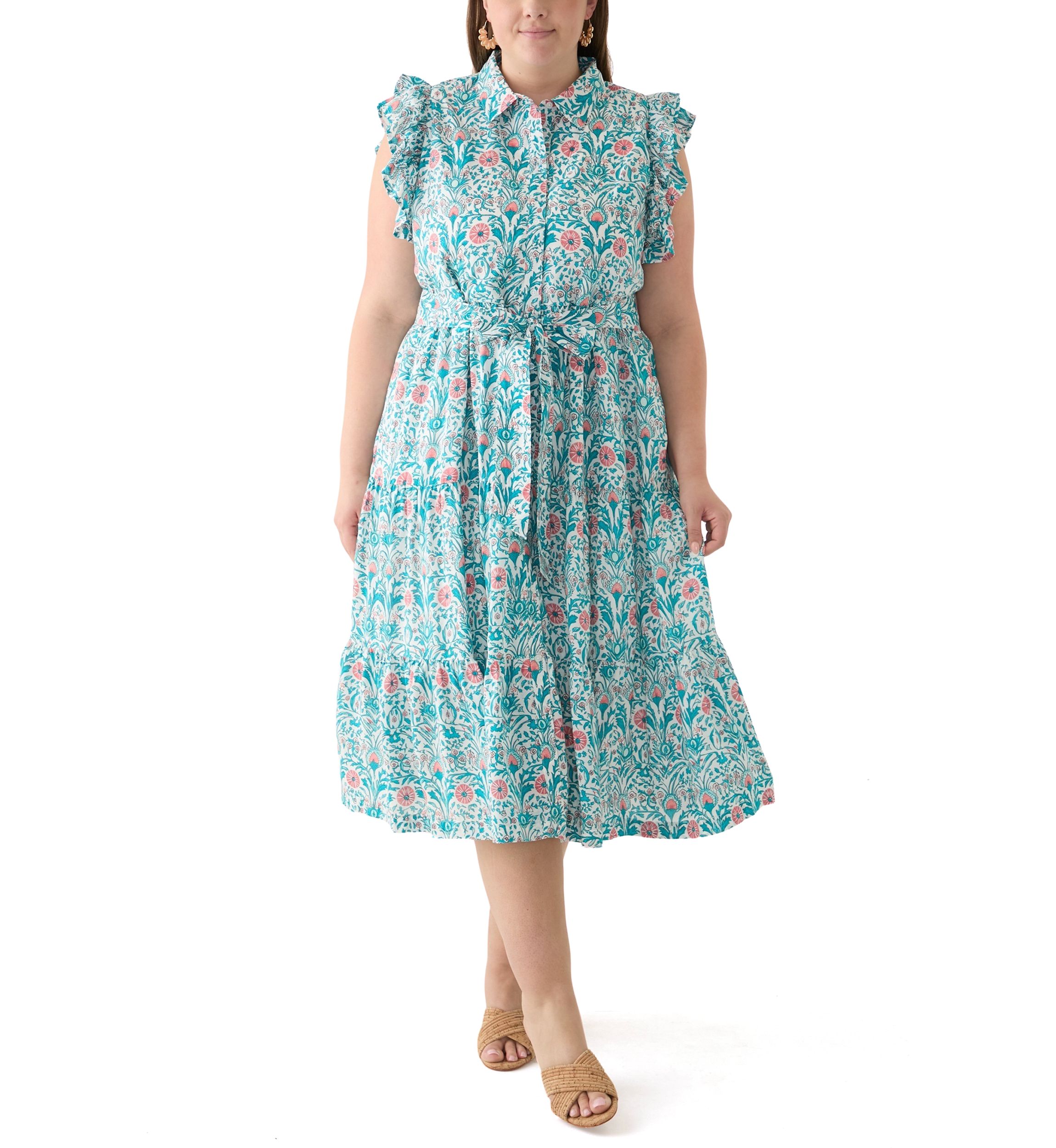 Plus Size Short Flutter Sleeve Printed Midi Dress