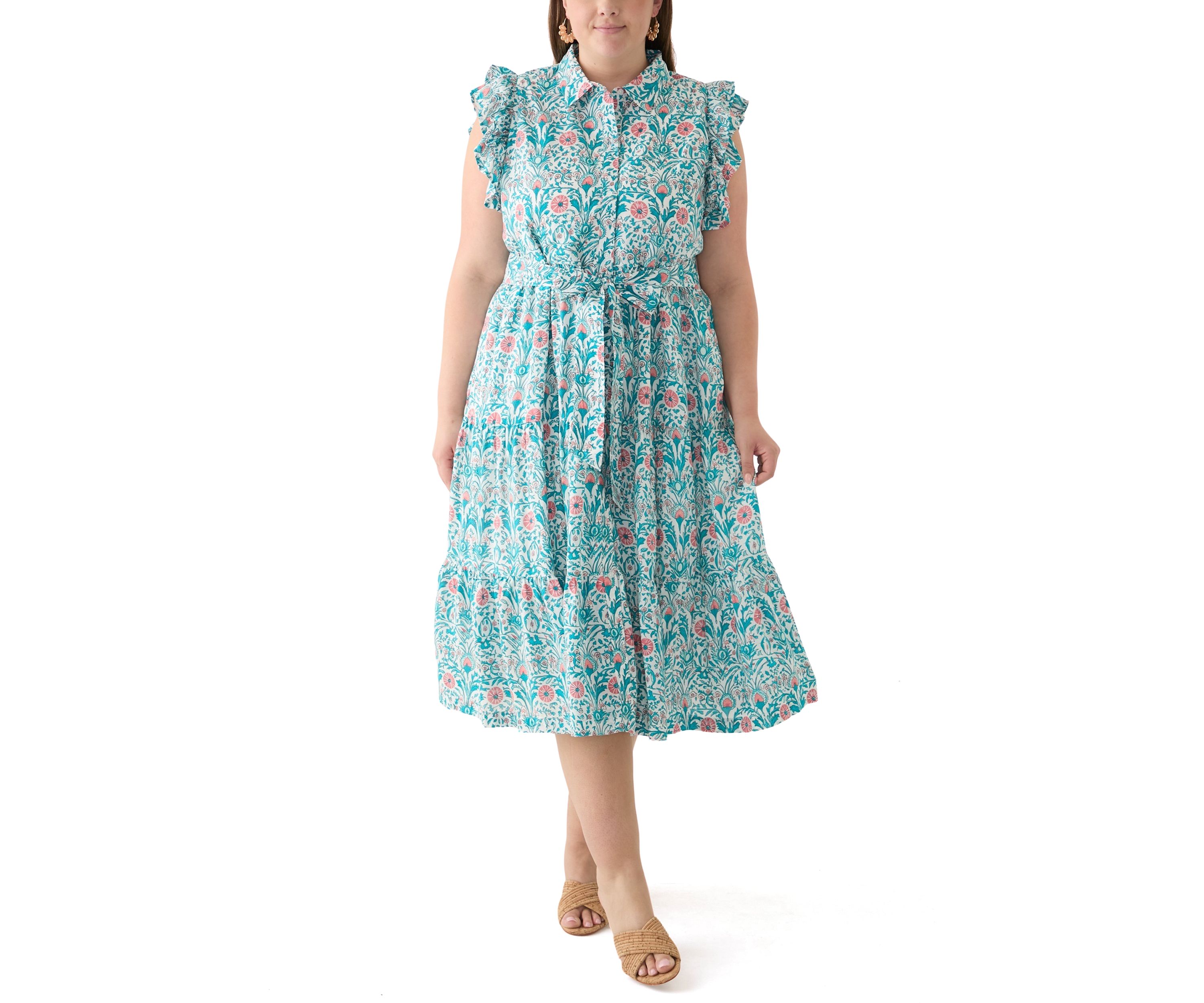Plus Size Short Flutter Sleeve Printed Midi Dress