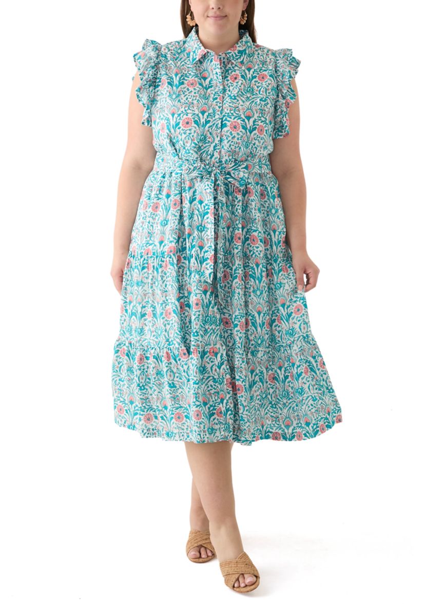 Plus Size Short Flutter Sleeve Printed Midi Dress