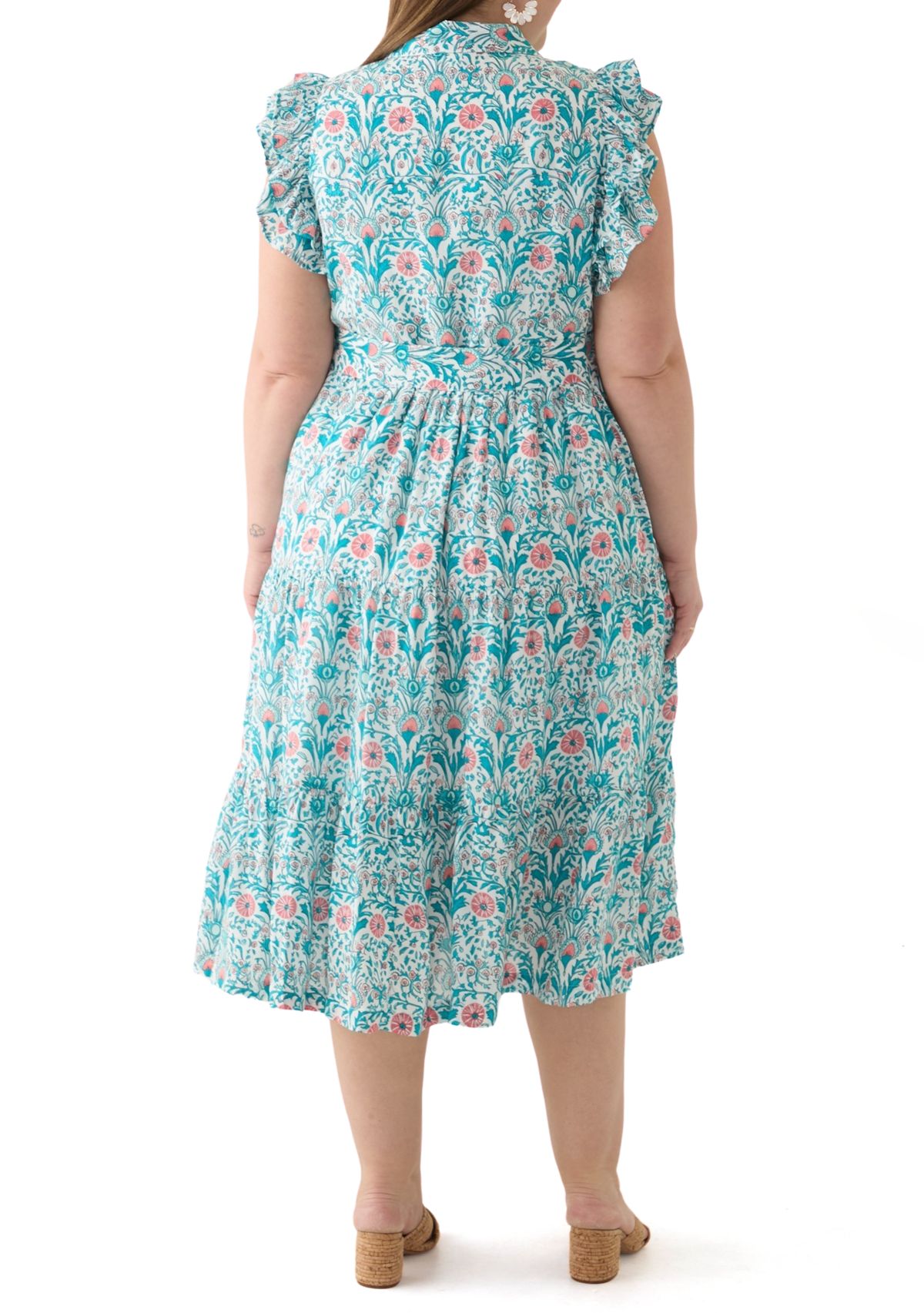 Plus Size Short Flutter Sleeve Printed Midi Dress