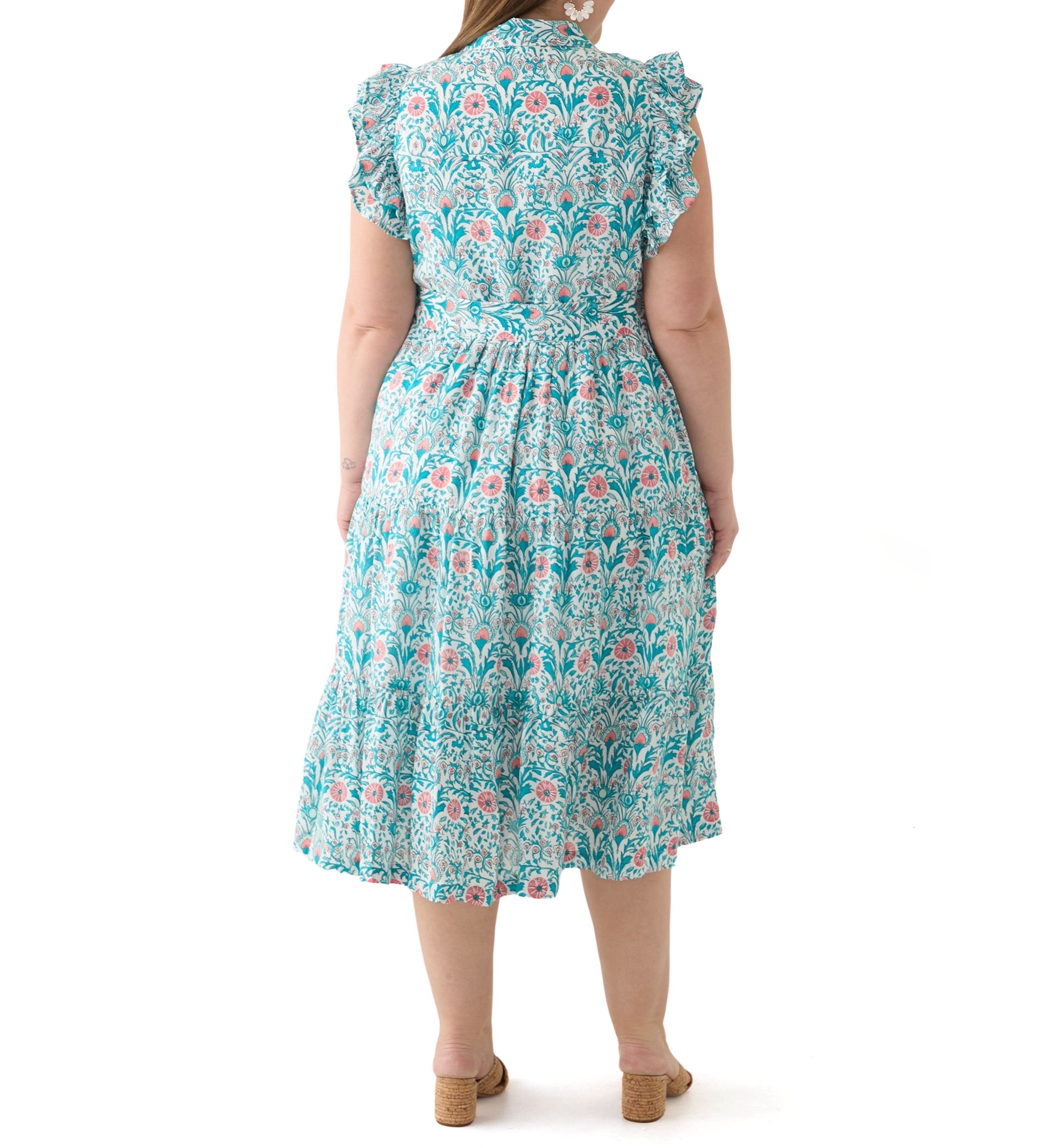 Plus Size Short Flutter Sleeve Printed Midi Dress