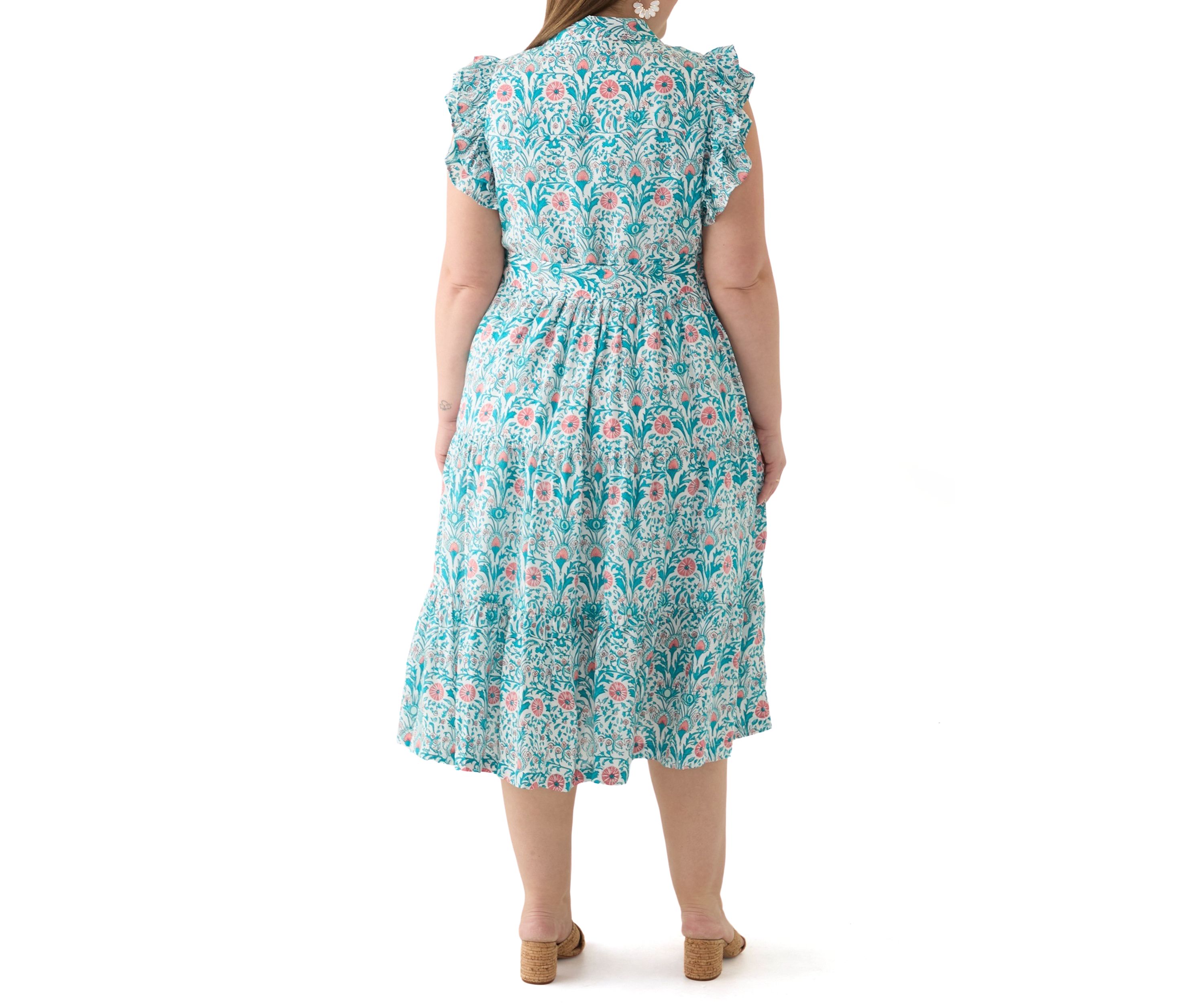 Plus Size Short Flutter Sleeve Printed Midi Dress