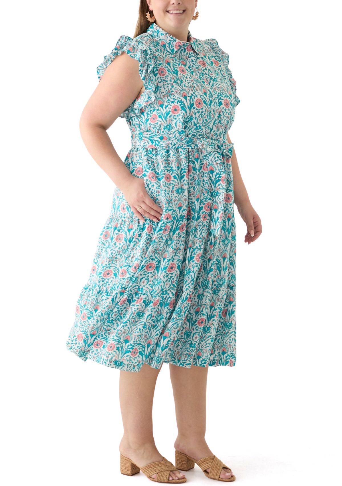 Plus Size Short Flutter Sleeve Printed Midi Dress