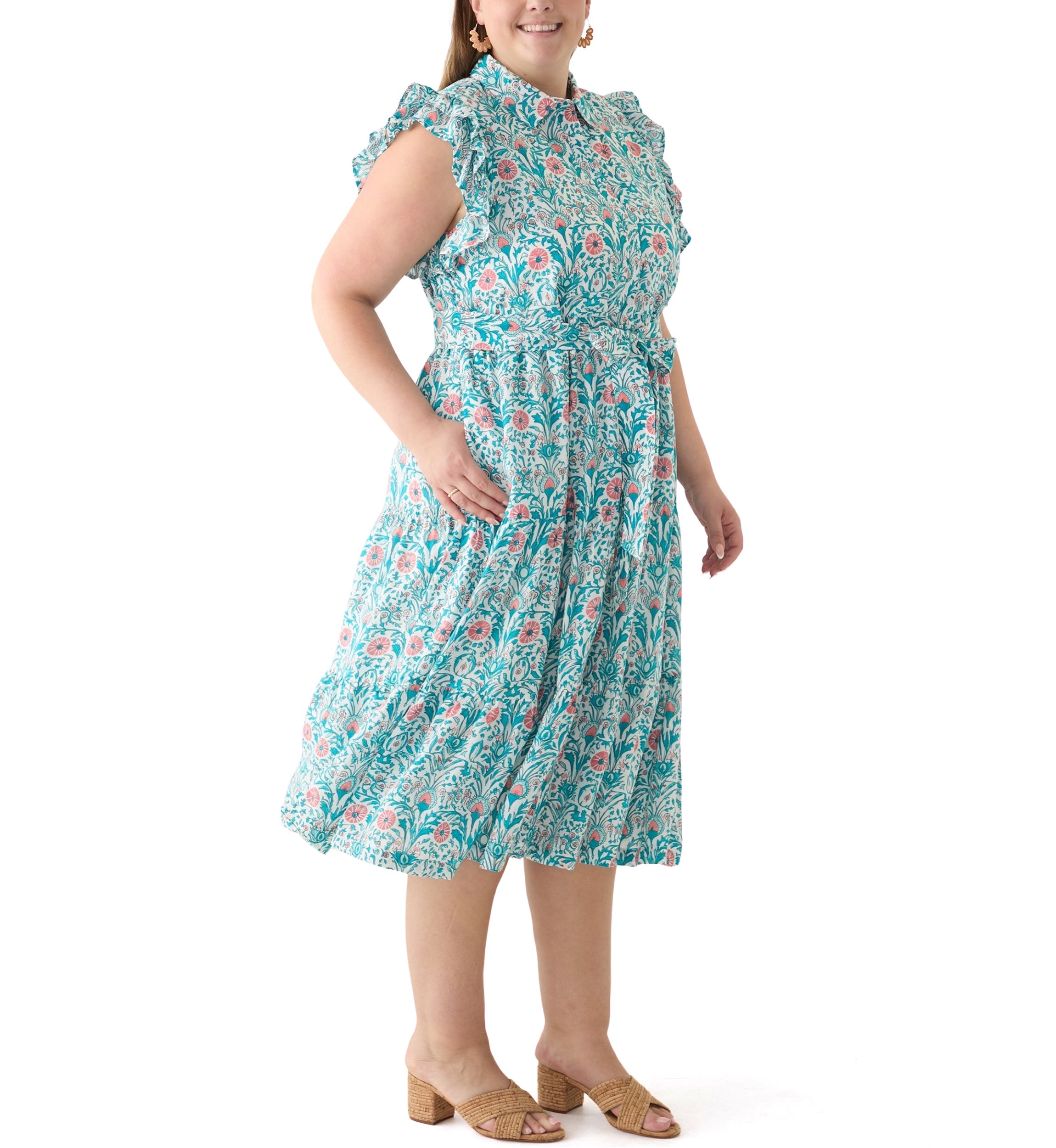 Plus Size Short Flutter Sleeve Printed Midi Dress