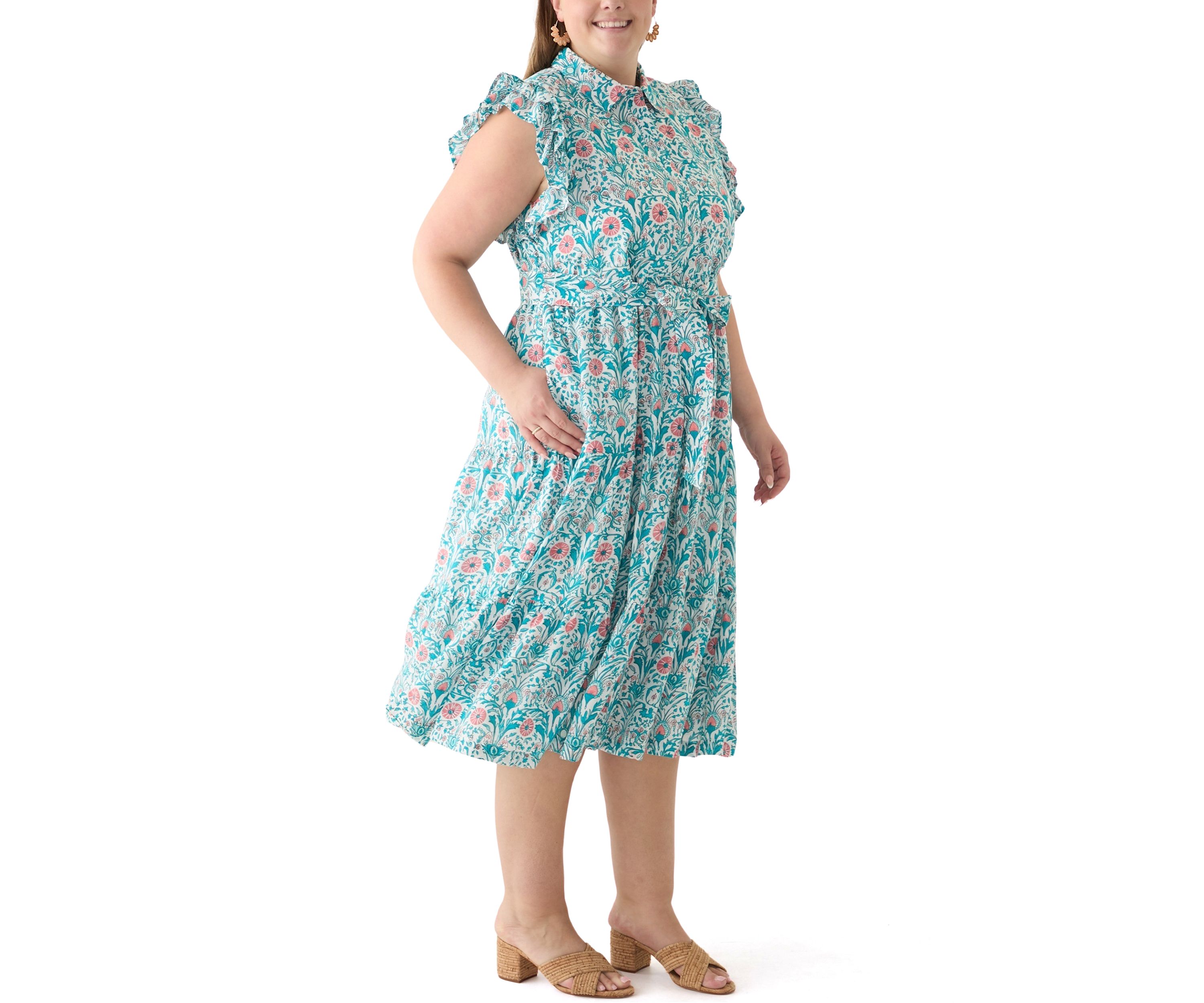 Plus Size Short Flutter Sleeve Printed Midi Dress