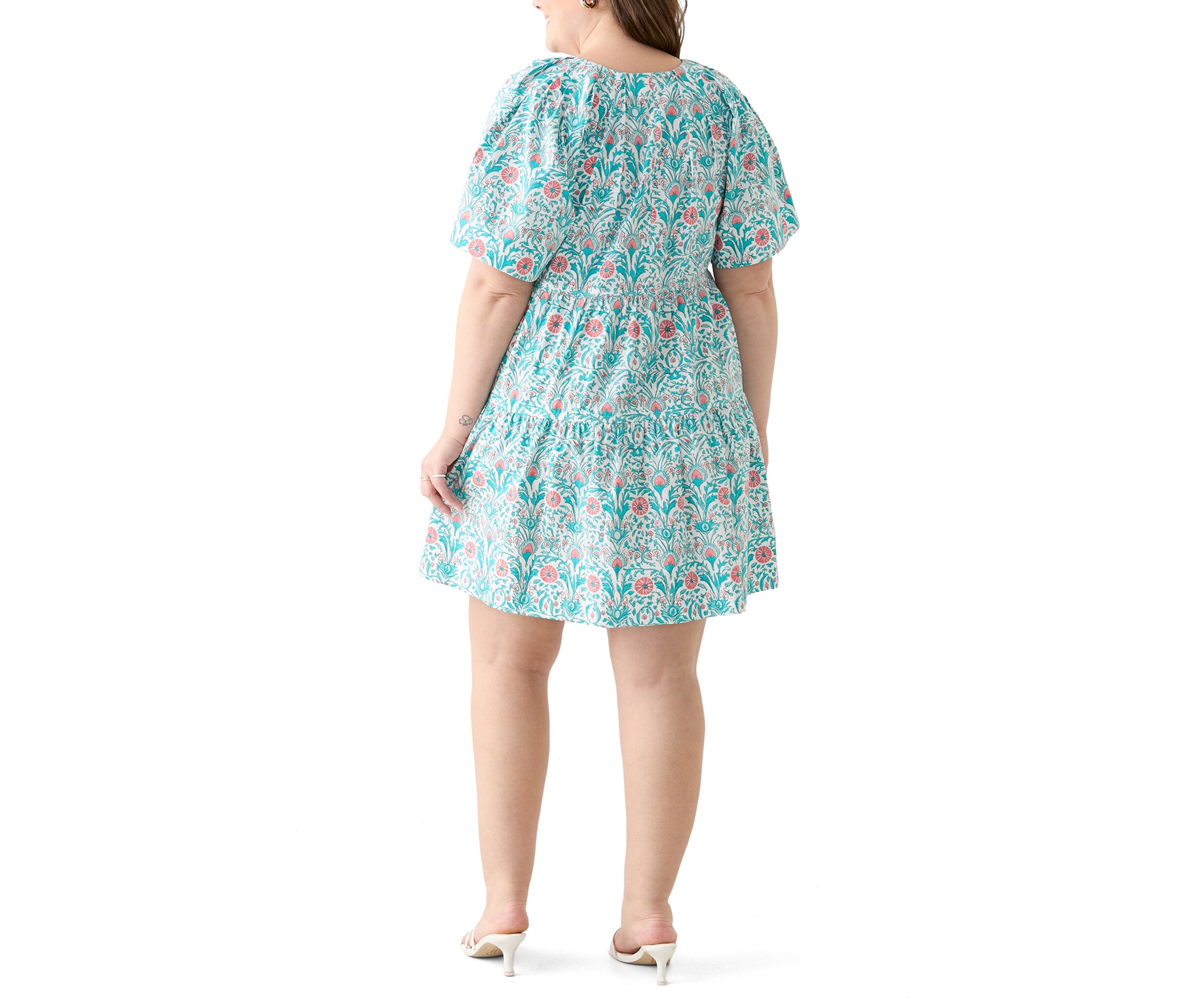 Plus Size Pleated Shoulder Printed Dress