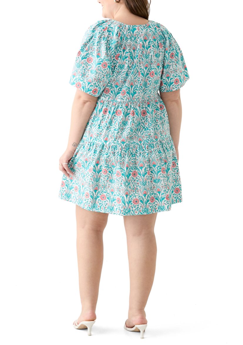 Plus Size Pleated Shoulder Printed Dress