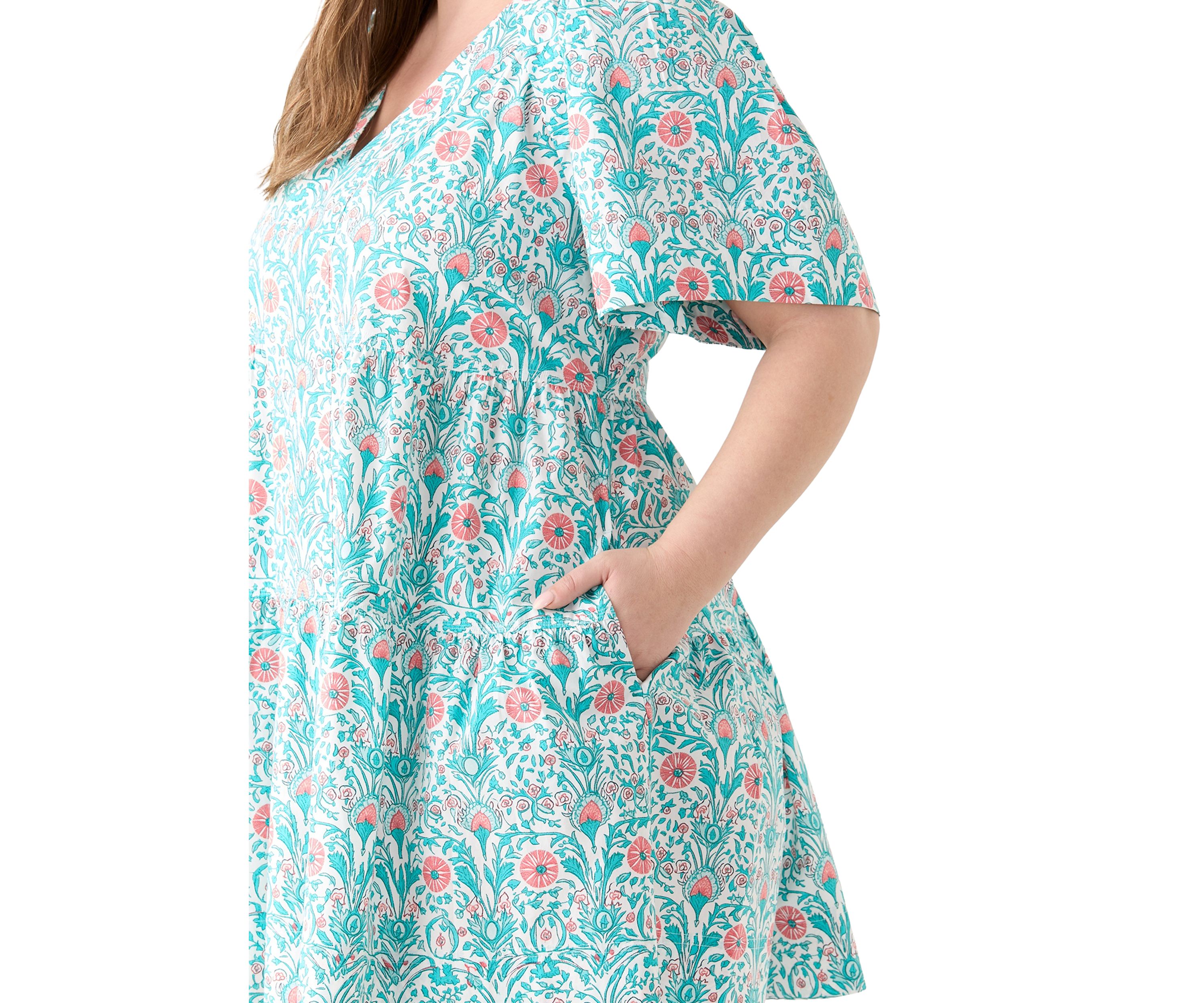 Plus Size Pleated Shoulder Printed Dress