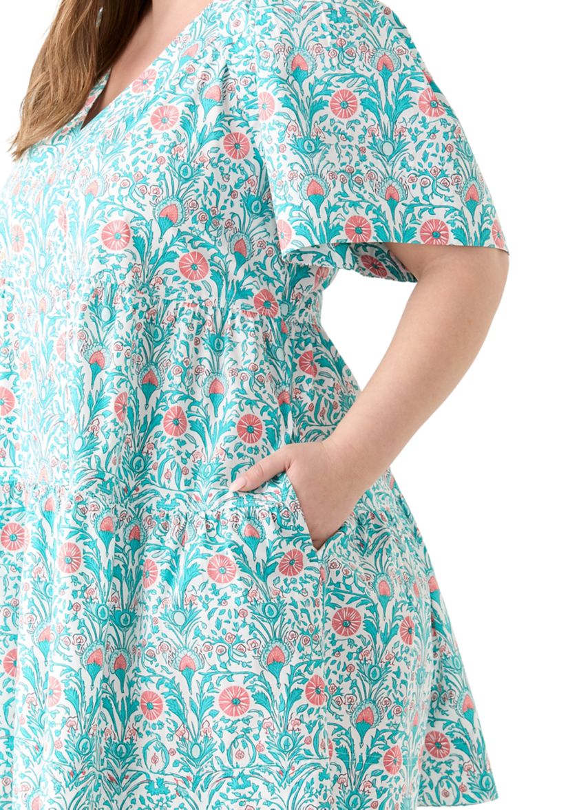 Plus Size Pleated Shoulder Printed Dress