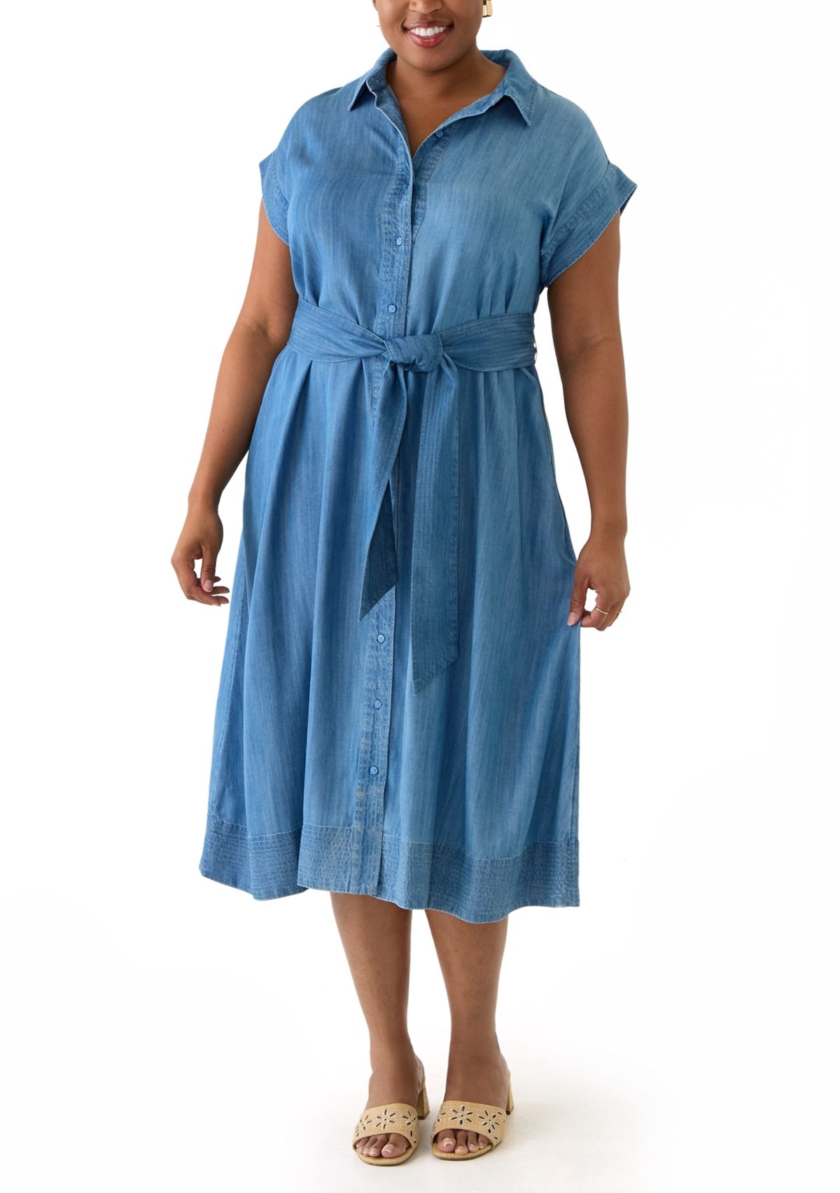 Plus Size Short Sleeve Dolman Belted Midi Shirtdress