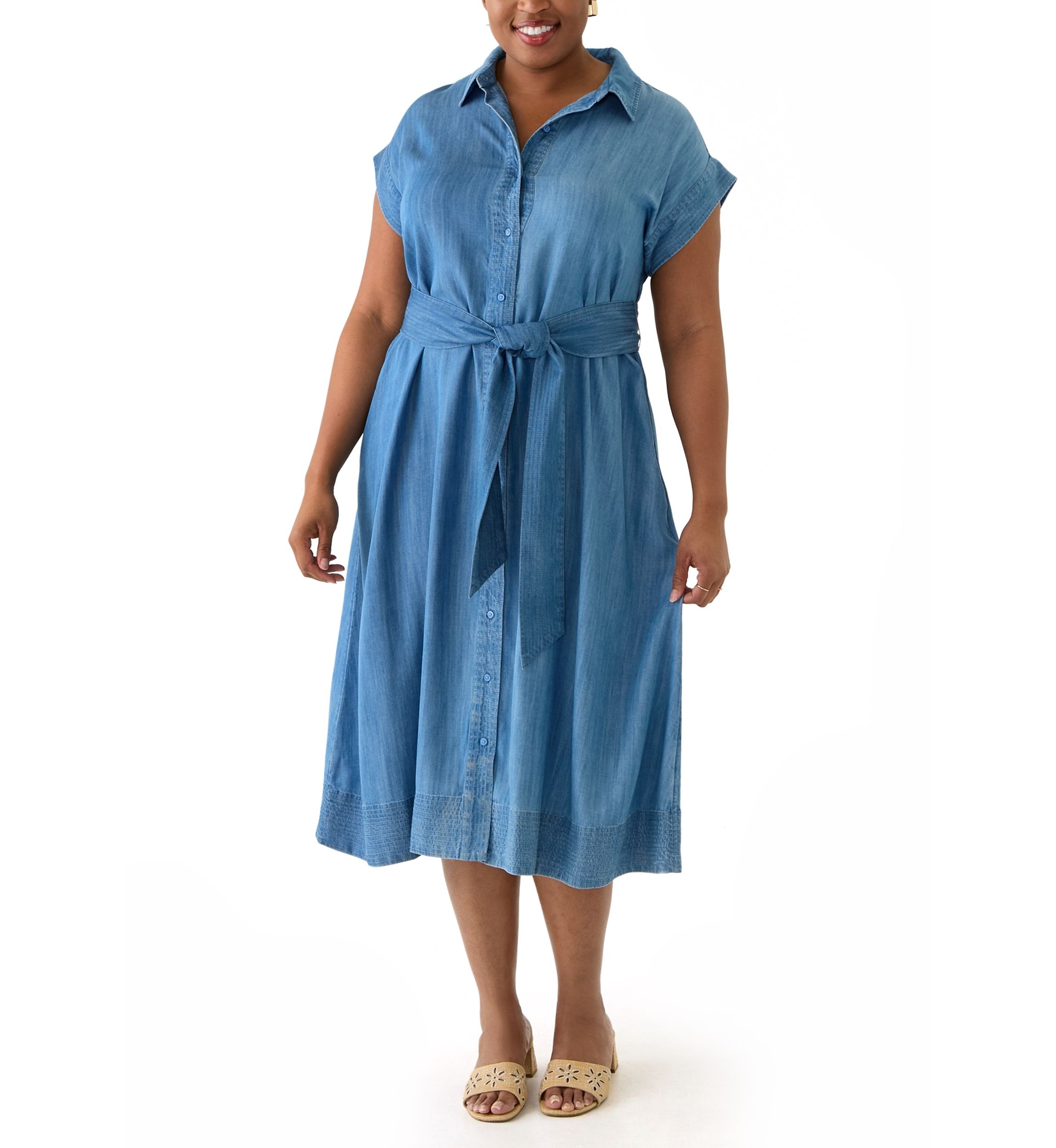 Plus Size Short Sleeve Dolman Belted Midi Shirtdress