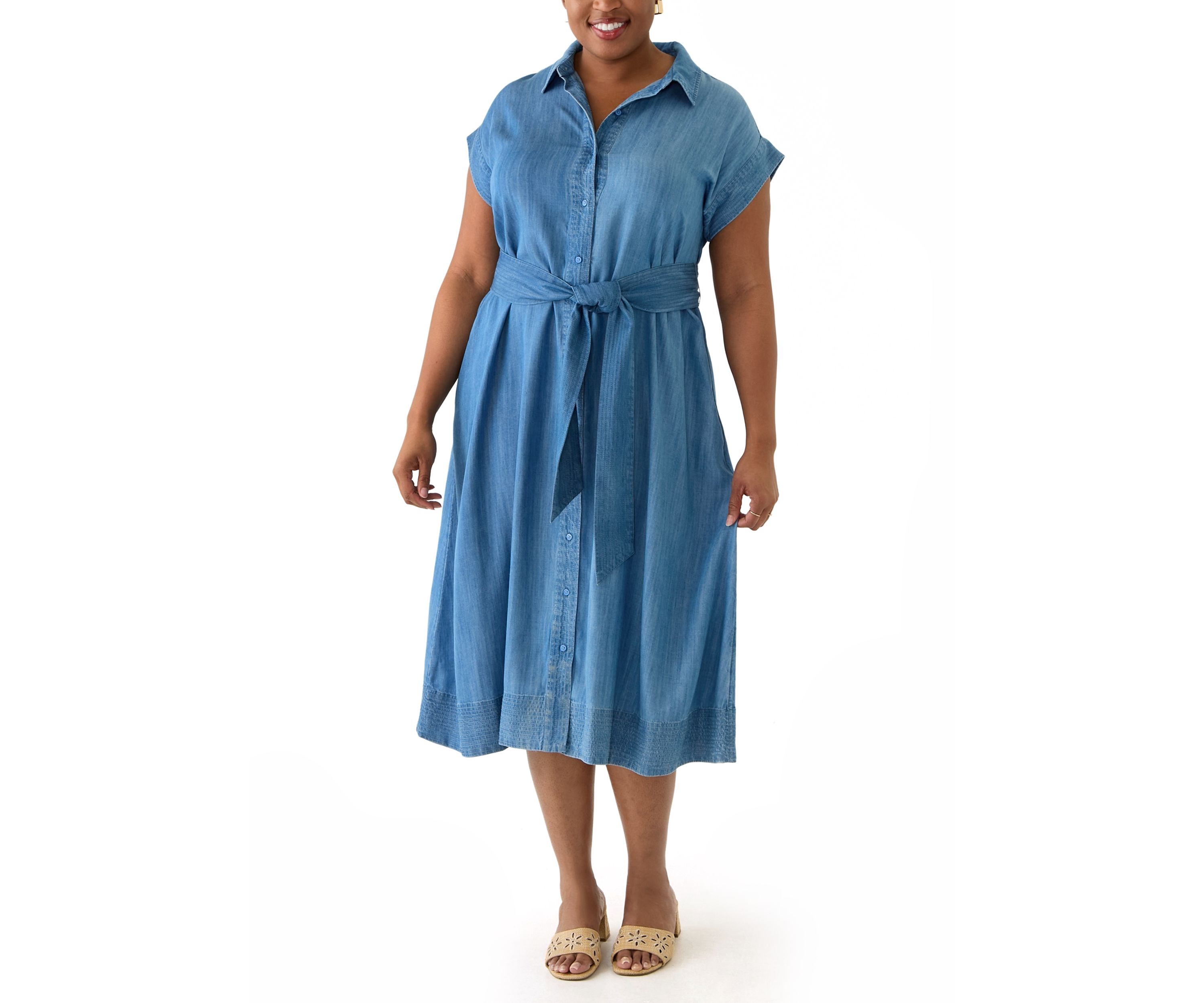 Plus Size Short Sleeve Dolman Belted Midi Shirtdress