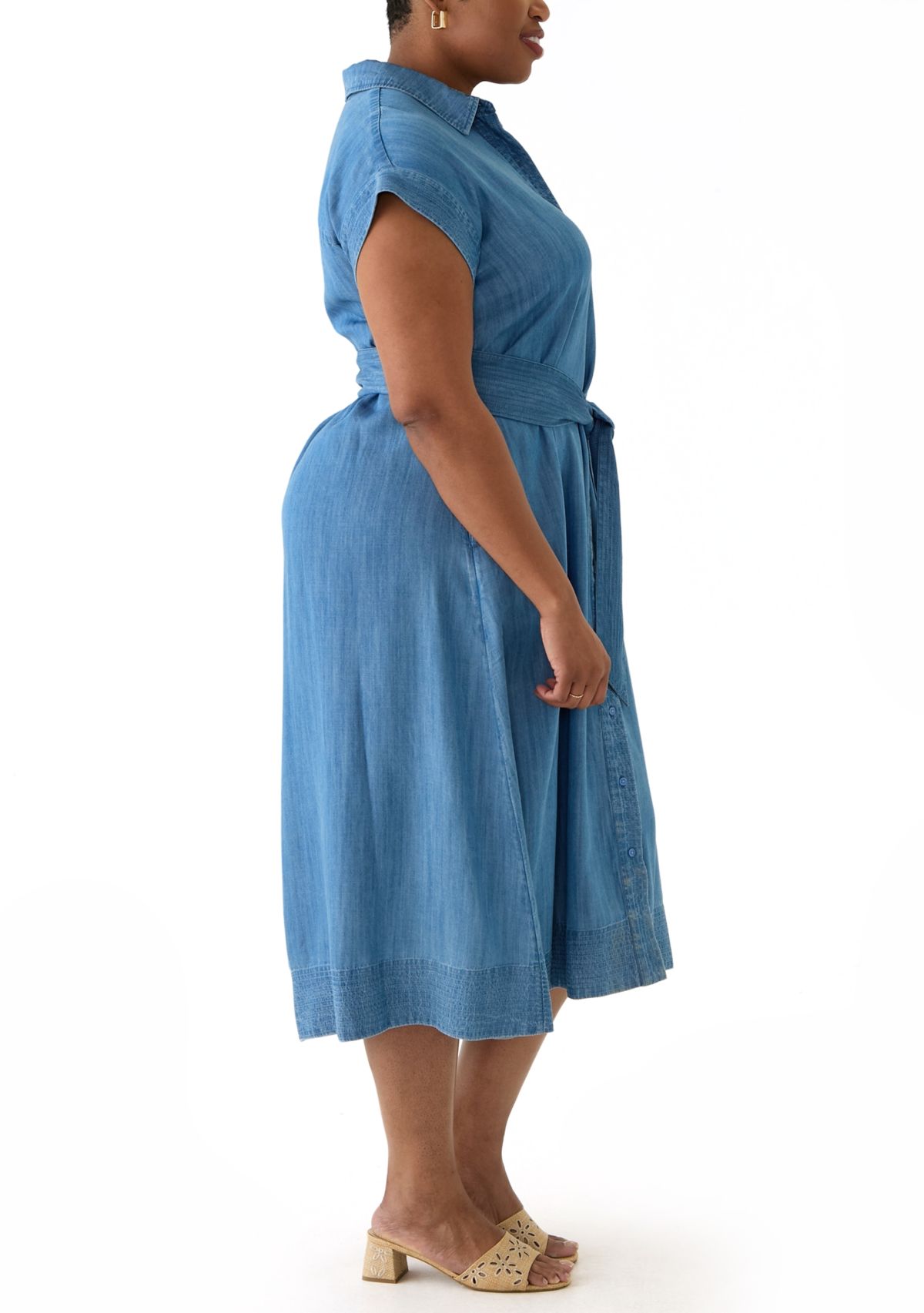 Plus Size Short Sleeve Dolman Belted Midi Shirtdress