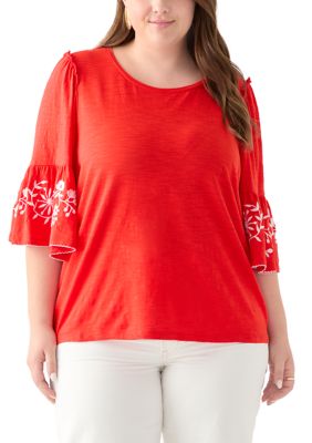 Crown & Ivy Women's Plus Size Embroidered Bell Sleeve Top, Red, 4X