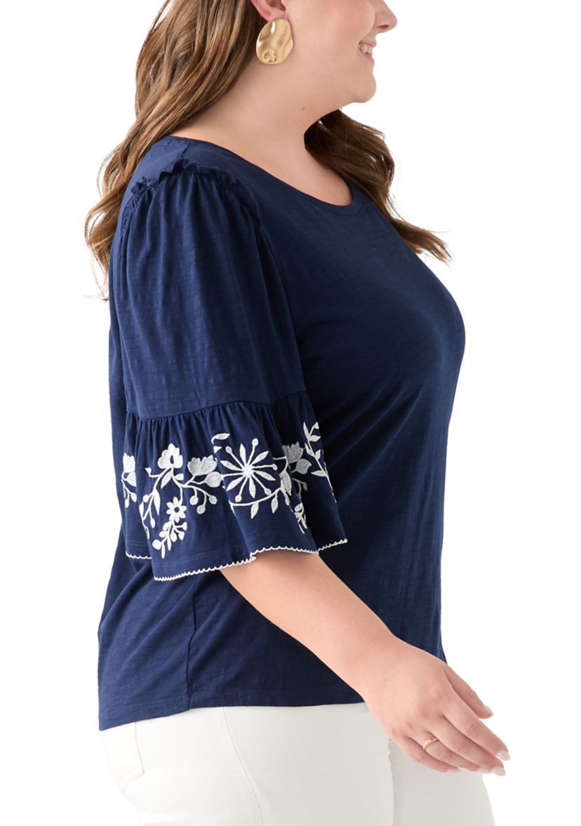 Plus Size Embroidered Bell Sleeve Top