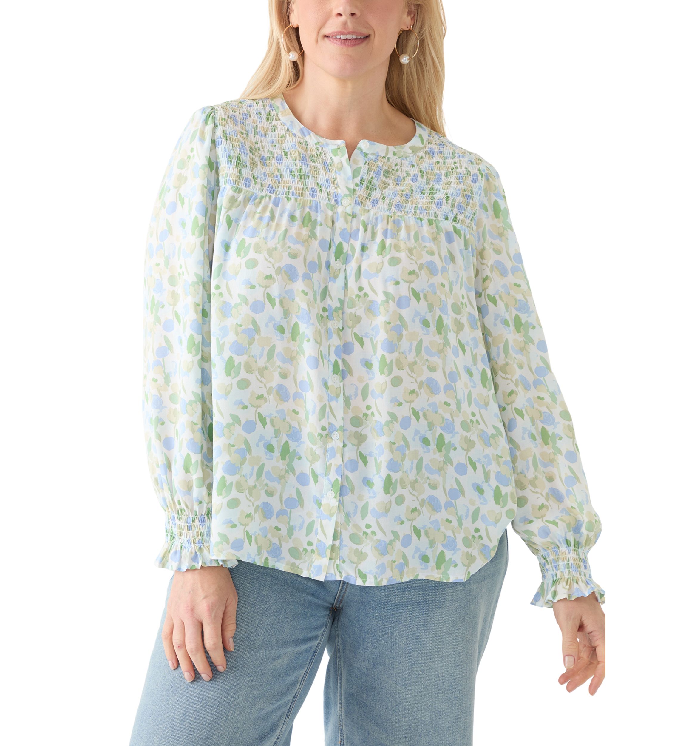 Plus Size Long Sleeve Smocked Button Up Shirt