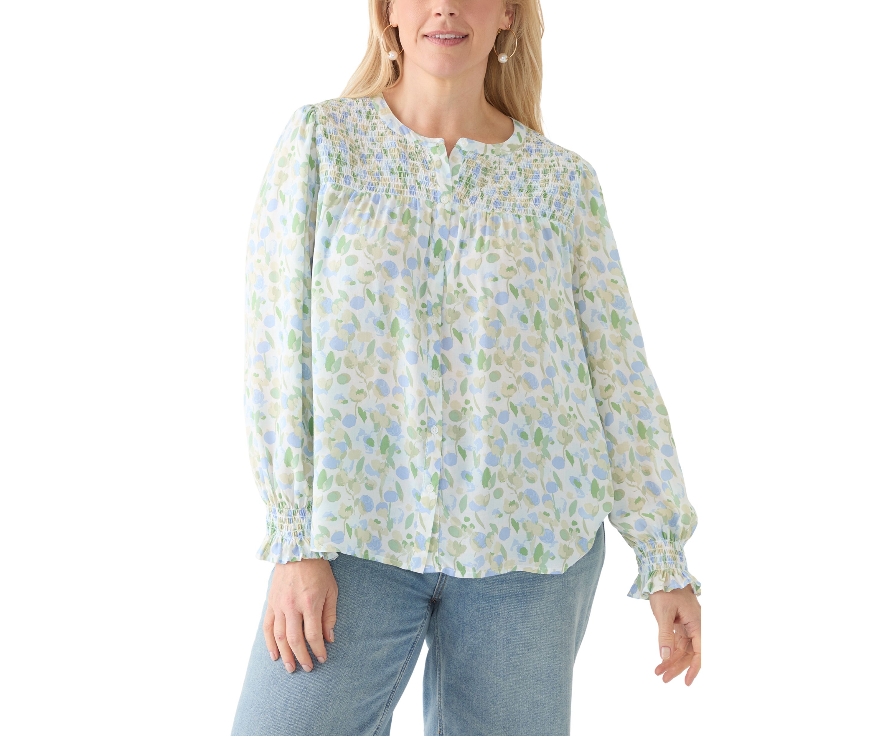 Plus Size Long Sleeve Smocked Button Up Shirt