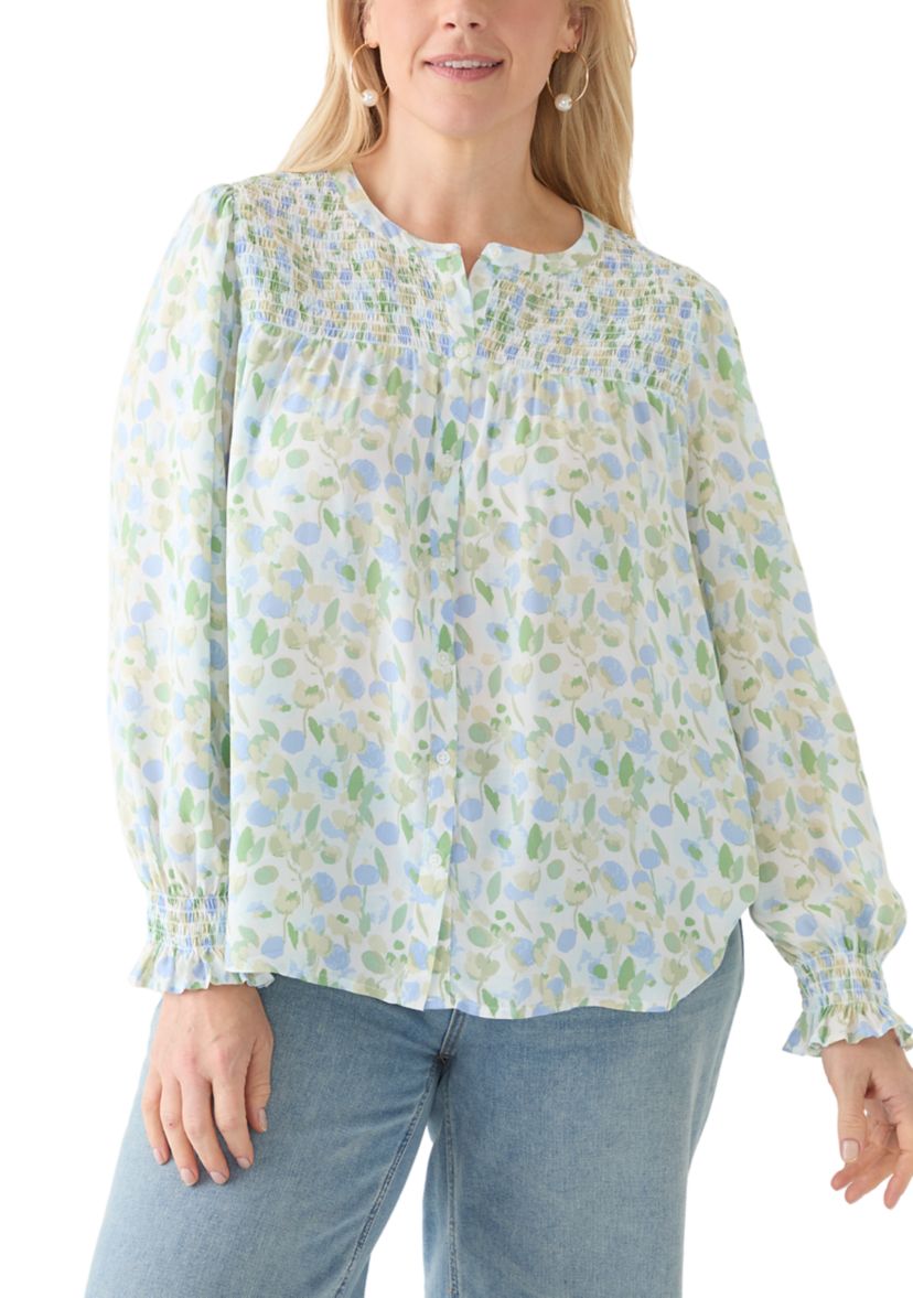 Plus Size Long Sleeve Smocked Button Up Shirt