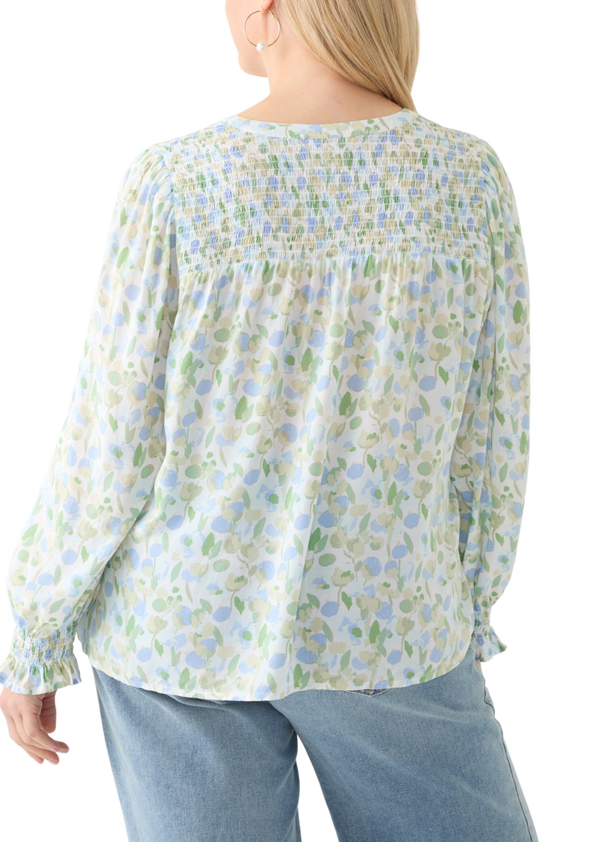 Plus Size Long Sleeve Smocked Button Up Shirt