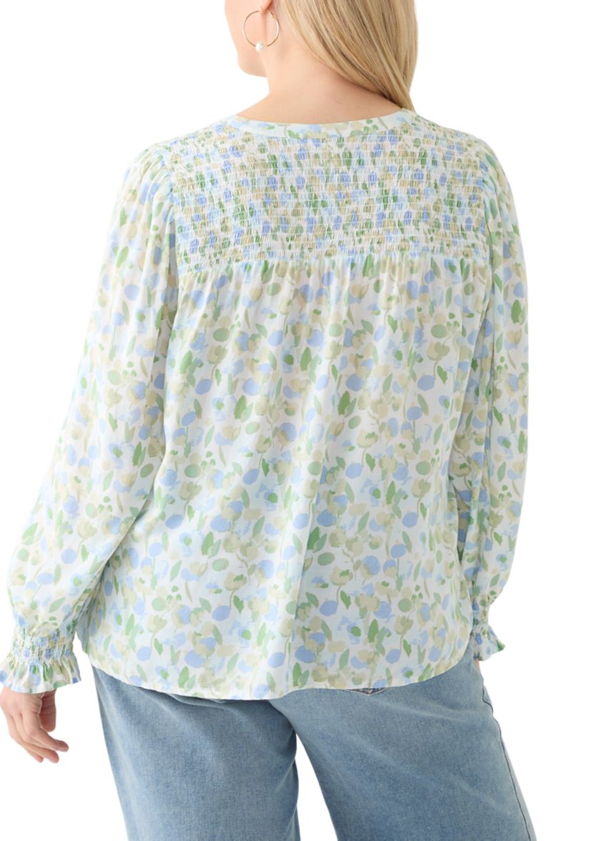 Plus Size Long Sleeve Smocked Button Up Shirt