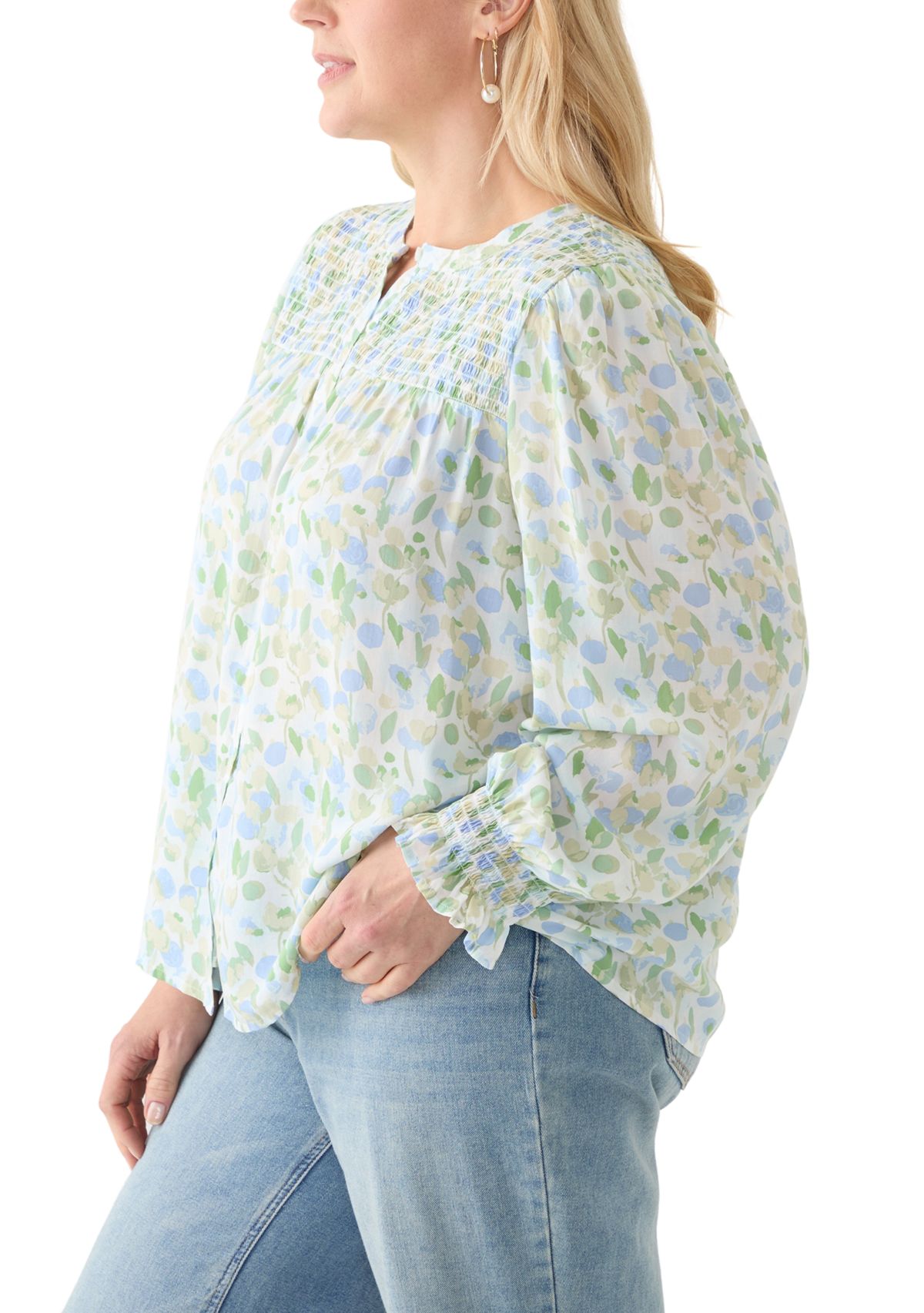 Plus Size Long Sleeve Smocked Button Up Shirt