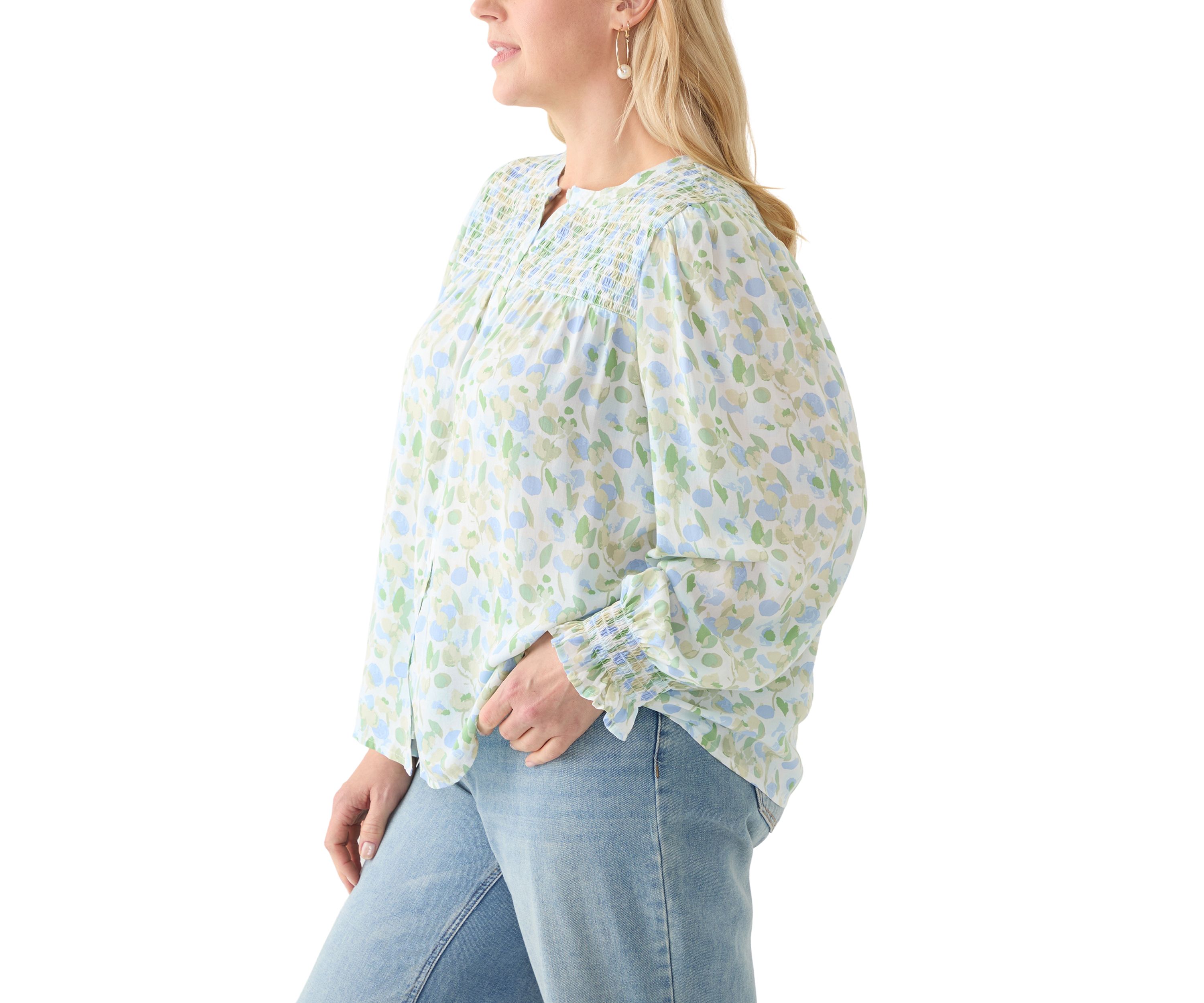 Plus Size Long Sleeve Smocked Button Up Shirt