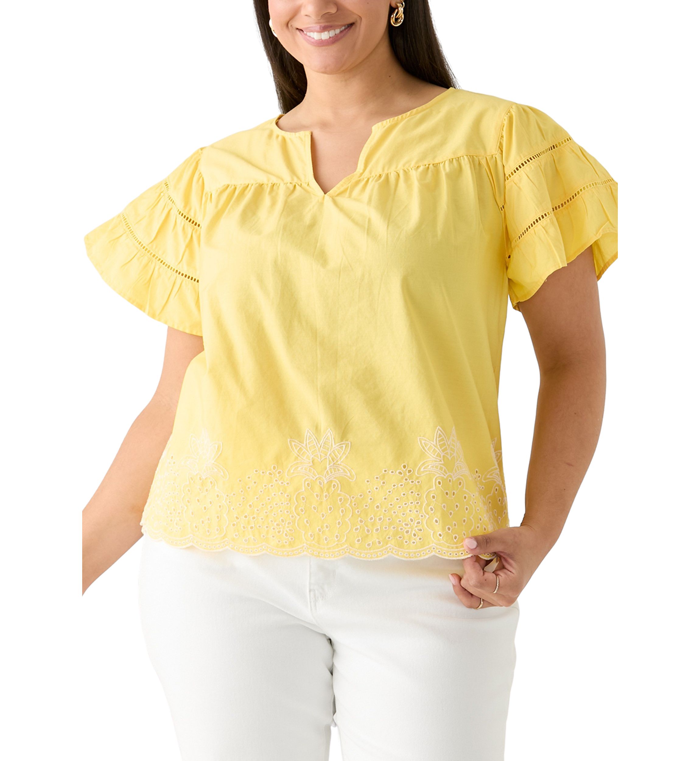 Plus Size Flutter Sleeve Embroidered Hem Top