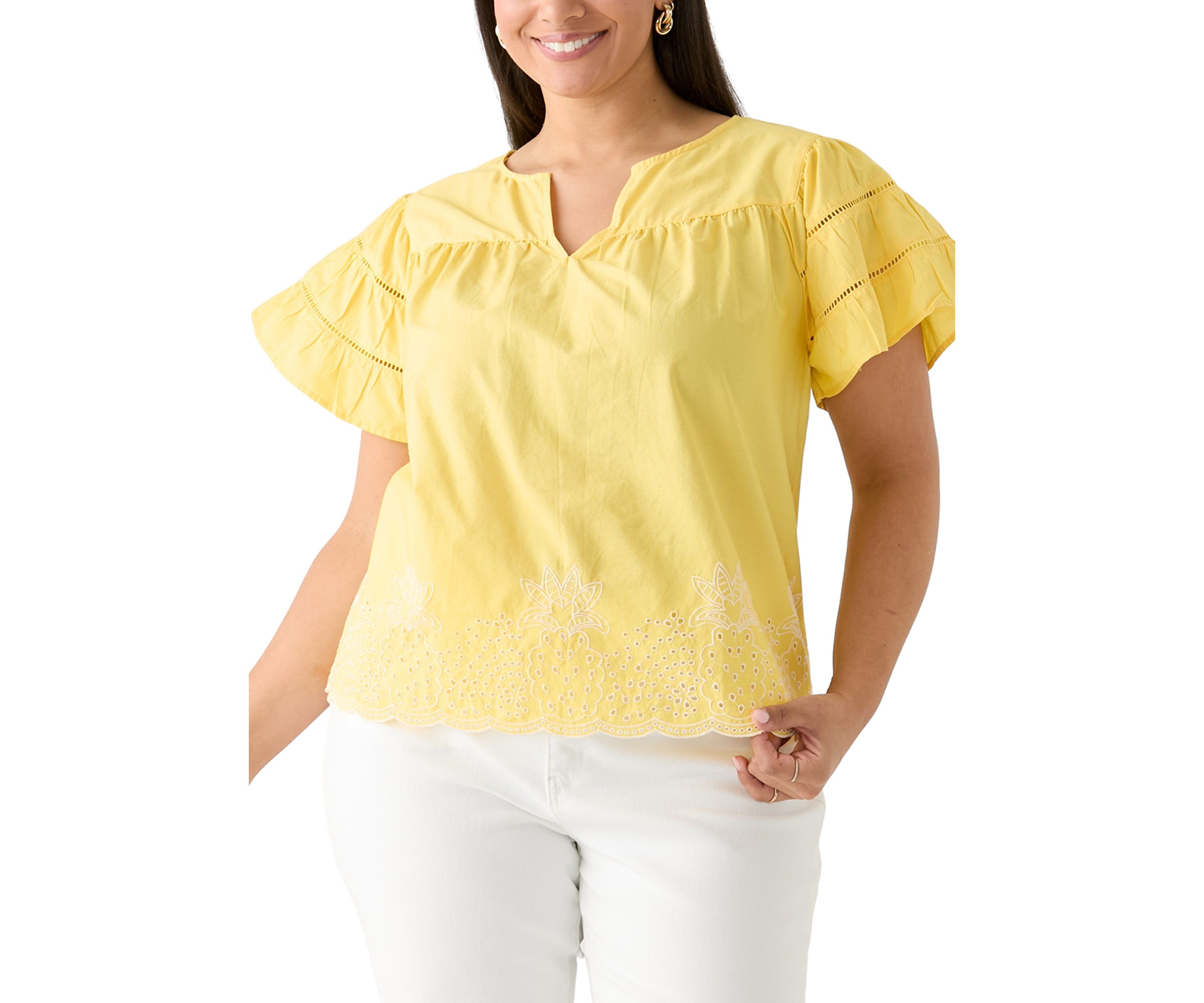 Plus Size Flutter Sleeve Embroidered Hem Top