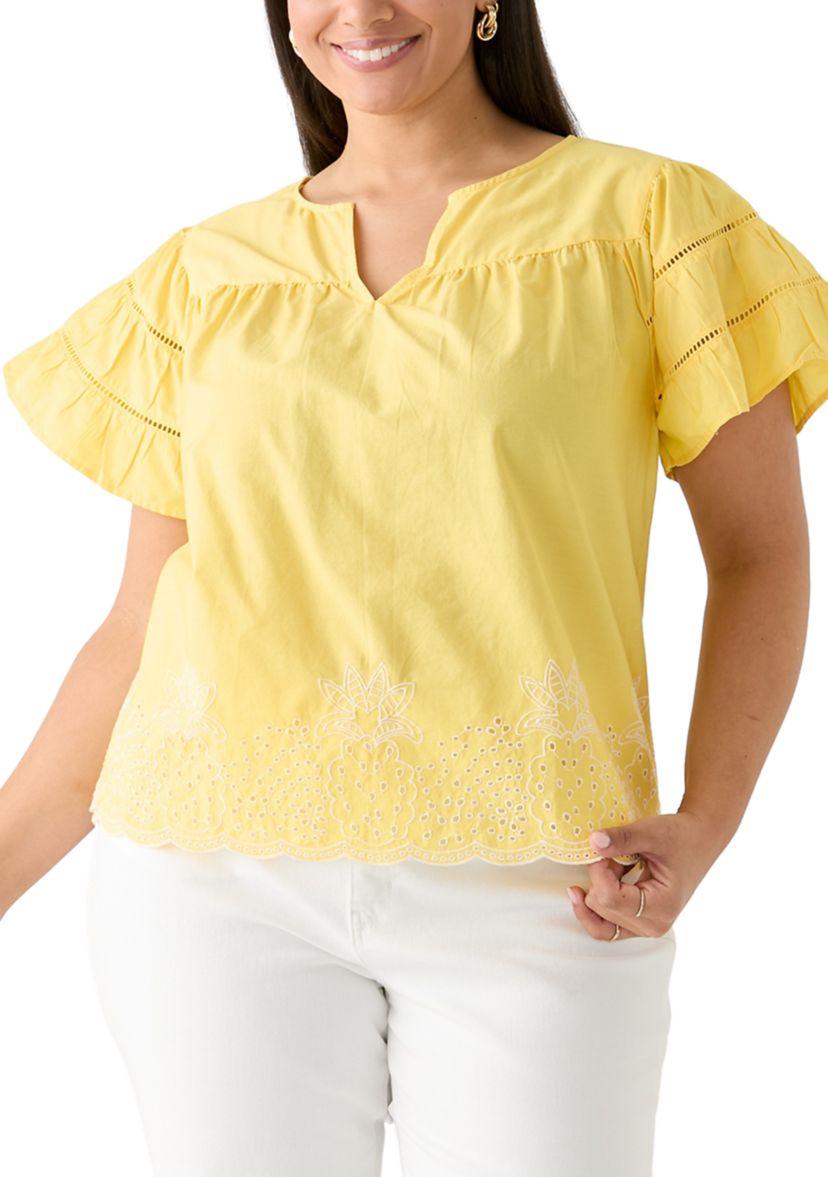 Plus Size Flutter Sleeve Embroidered Hem Top