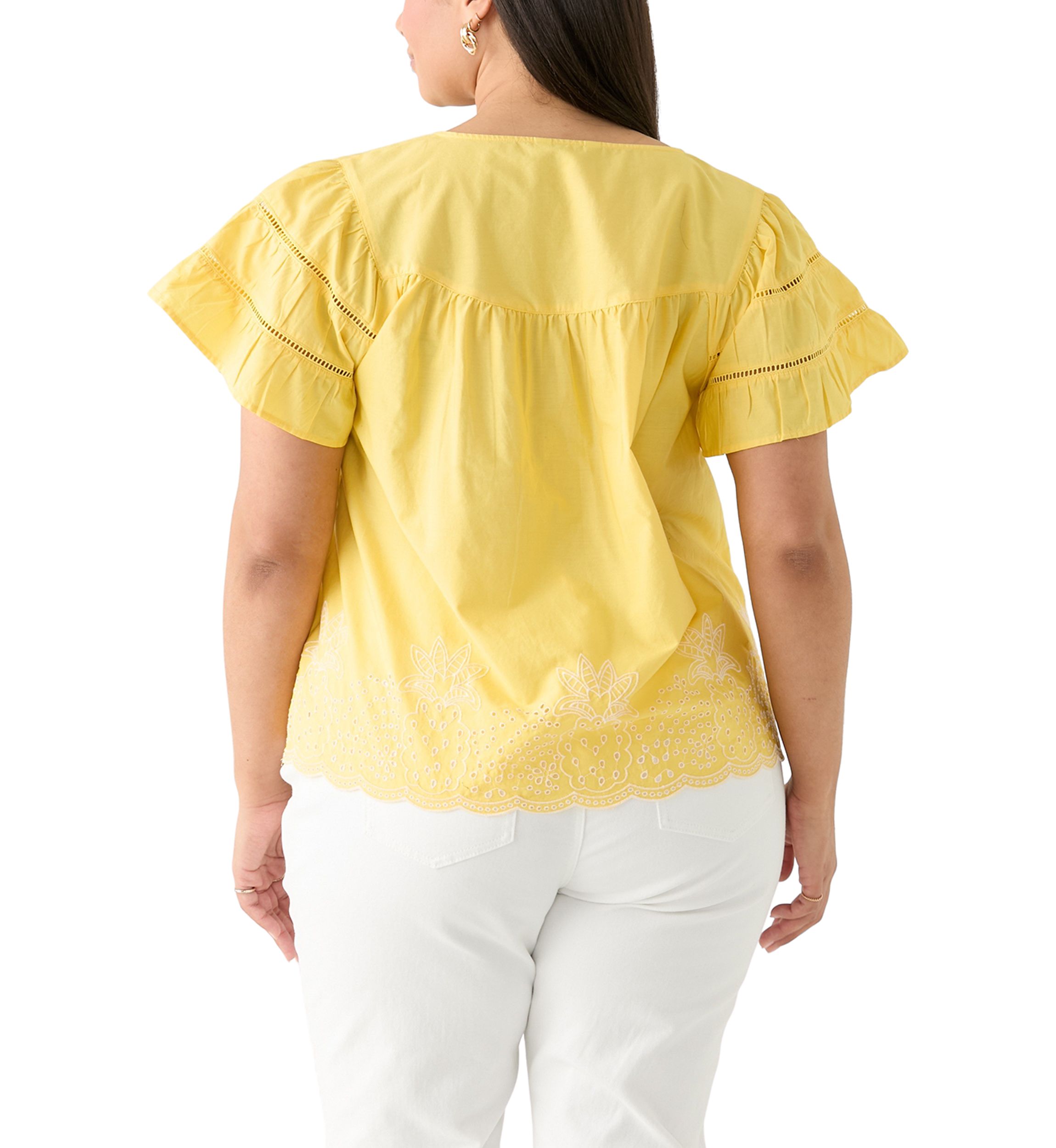 Plus Size Flutter Sleeve Embroidered Hem Top